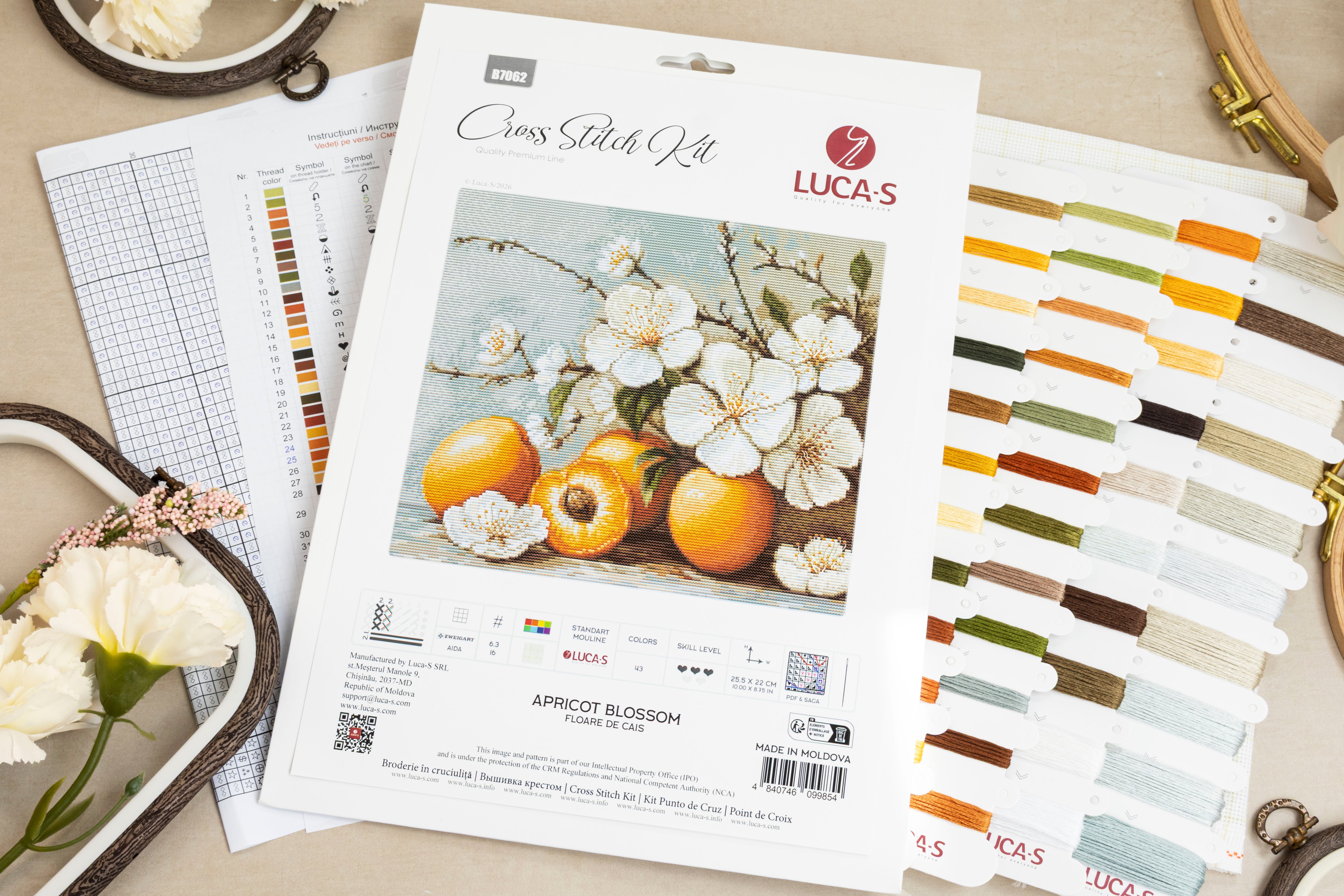 Luca-S B7062 Apricot Blossom Cross Stitch Kit, Zweigart Aida 16 Fabric, 100% Cotton Thread, 25.5 x 22 cm Finished Size, 43 Colors