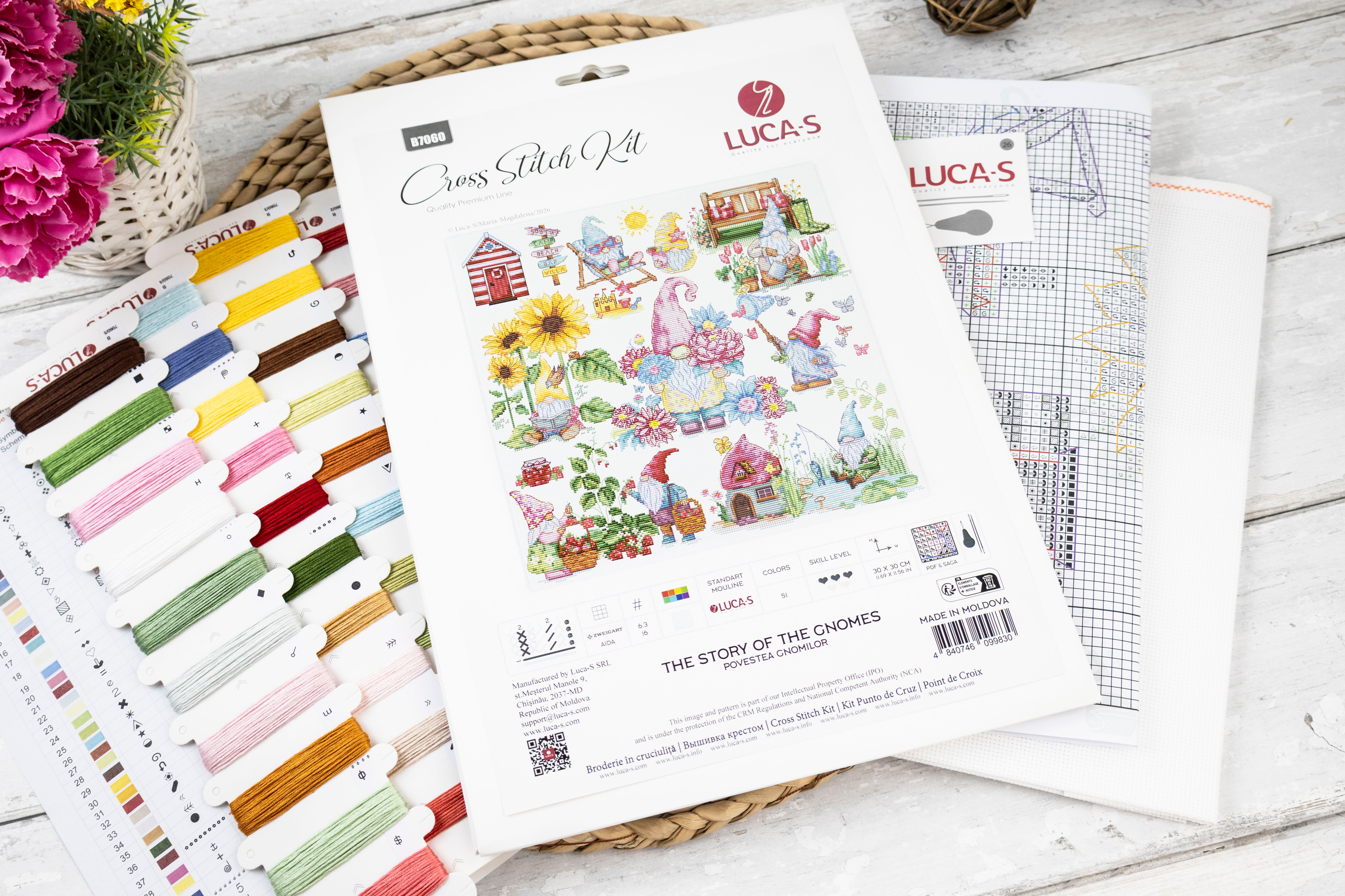 Luca-S B7060 The Story of the Gnomes Cross Stitch Kit, Zweigart Aida 16 Fabric, 30x30 cm, 51 Colors, 100% Cotton Thread