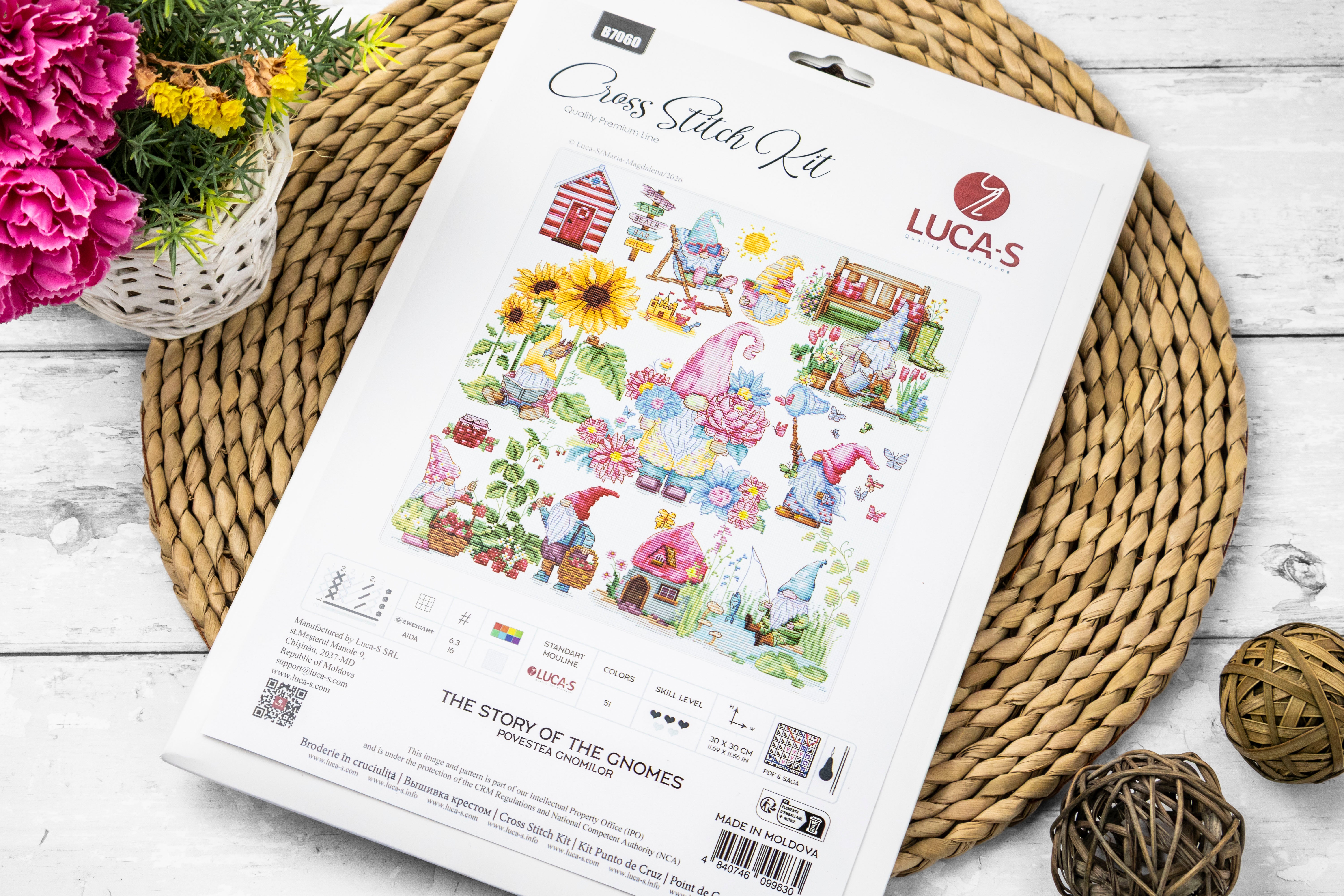 Luca-S B7060 The Story of the Gnomes Cross Stitch Kit, Zweigart Aida 16 Fabric, 30x30 cm, 51 Colors, 100% Cotton Thread