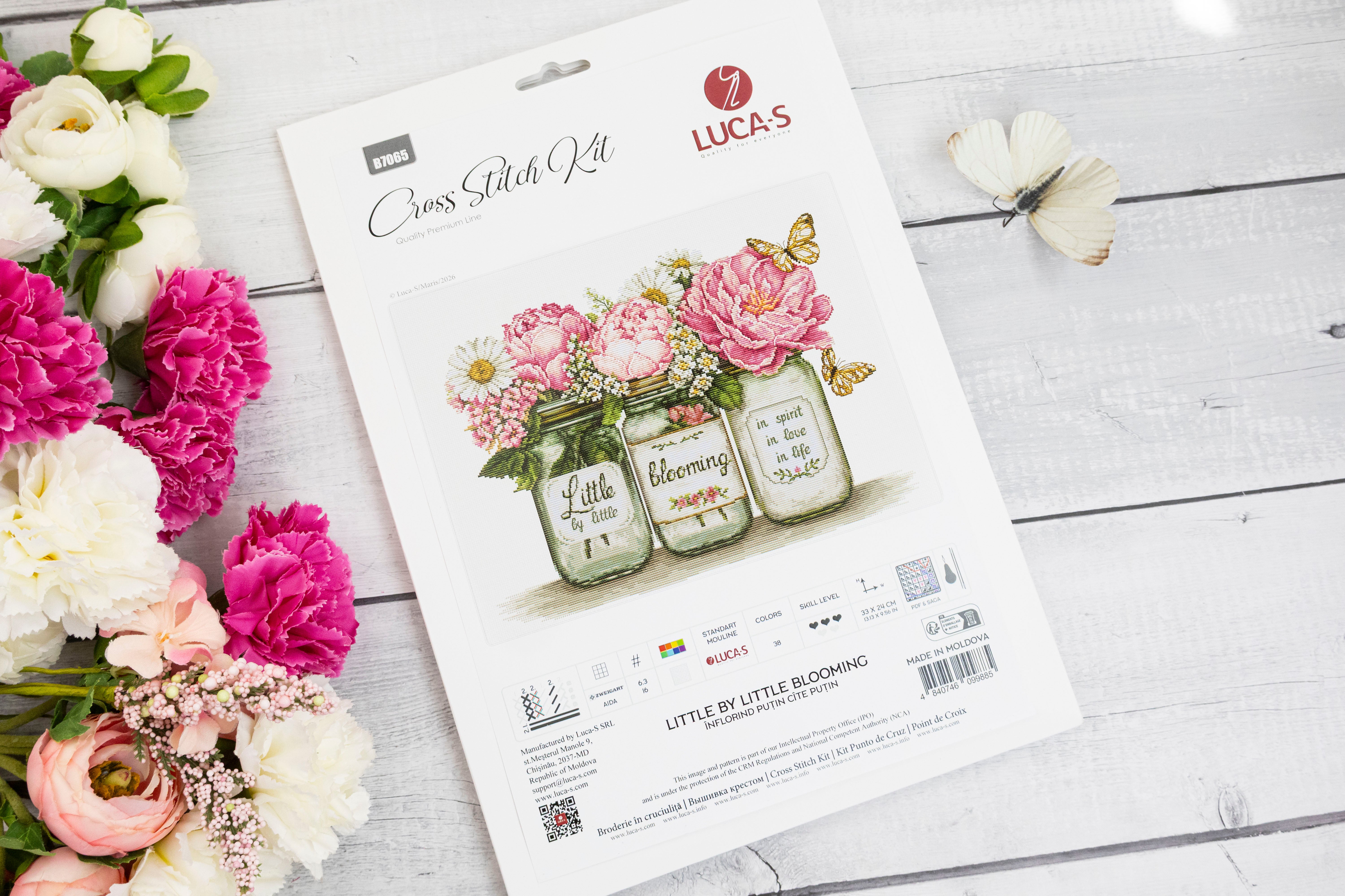 Luca-S B7065 Little by Little Blooming Cross Stitch Kit, 33x24 cm, 38 Colors, Zweigart 16ct Aida Fabric, 100% Cotton Thread