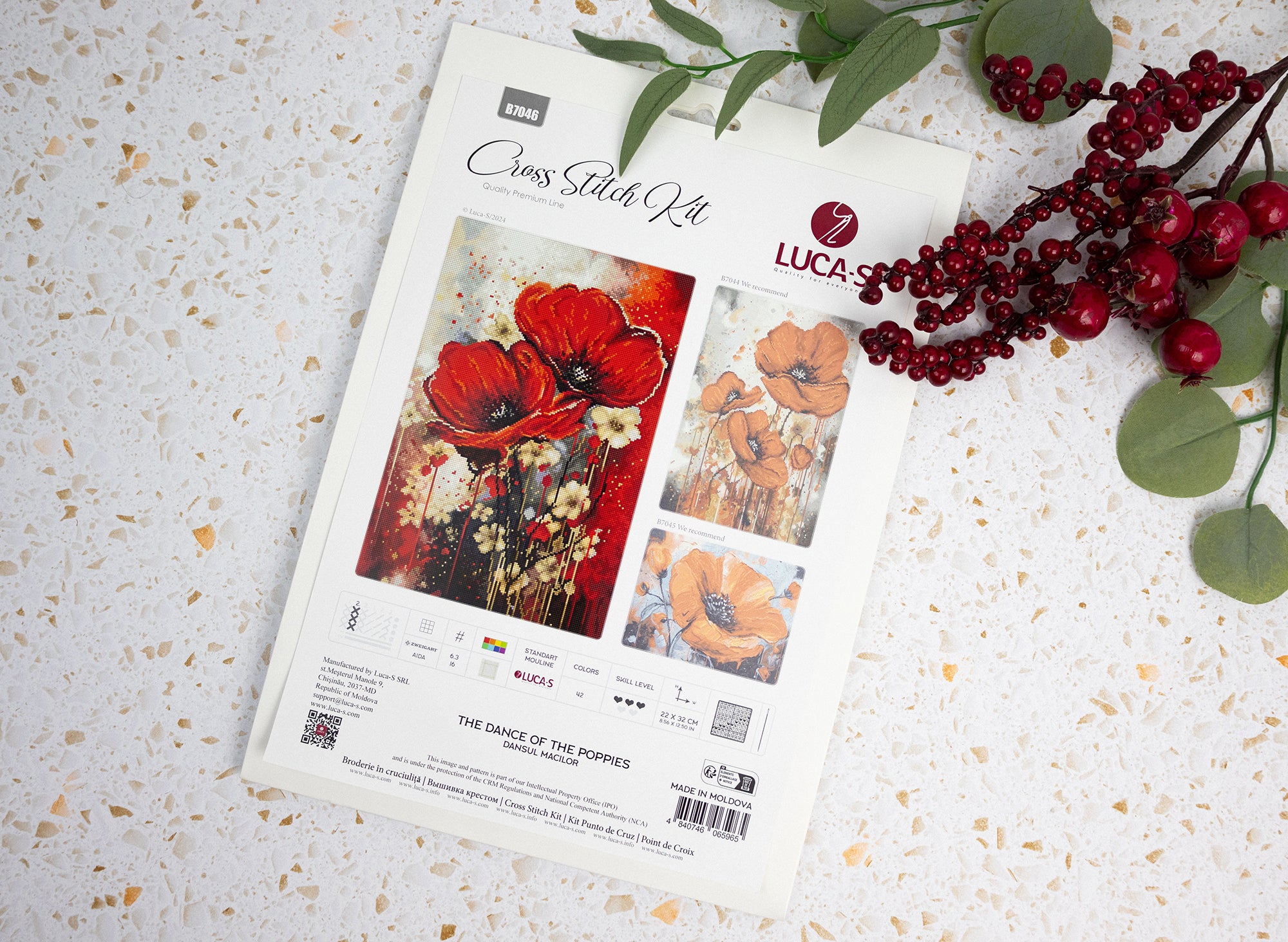 Luca-S B7046 The Dance of the Poppies Cross Stitch Kit, Premium Line, Zweigart Aida 16ct Fabric, 22 x 32 cm, 42 Colors, 100% Cotton Thread