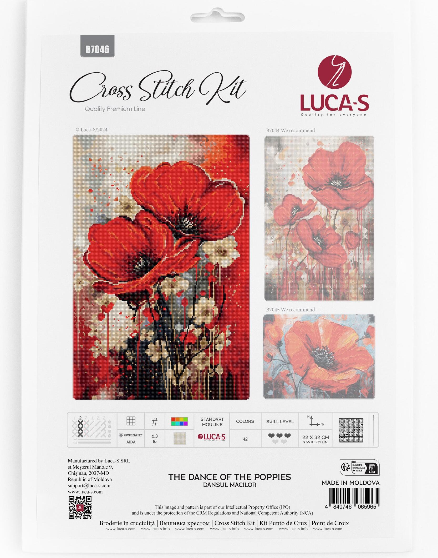 Luca-S B7046 The Dance of the Poppies Cross Stitch Kit, Premium Line, Zweigart Aida 16ct Fabric, 22 x 32 cm, 42 Colors, 100% Cotton Thread