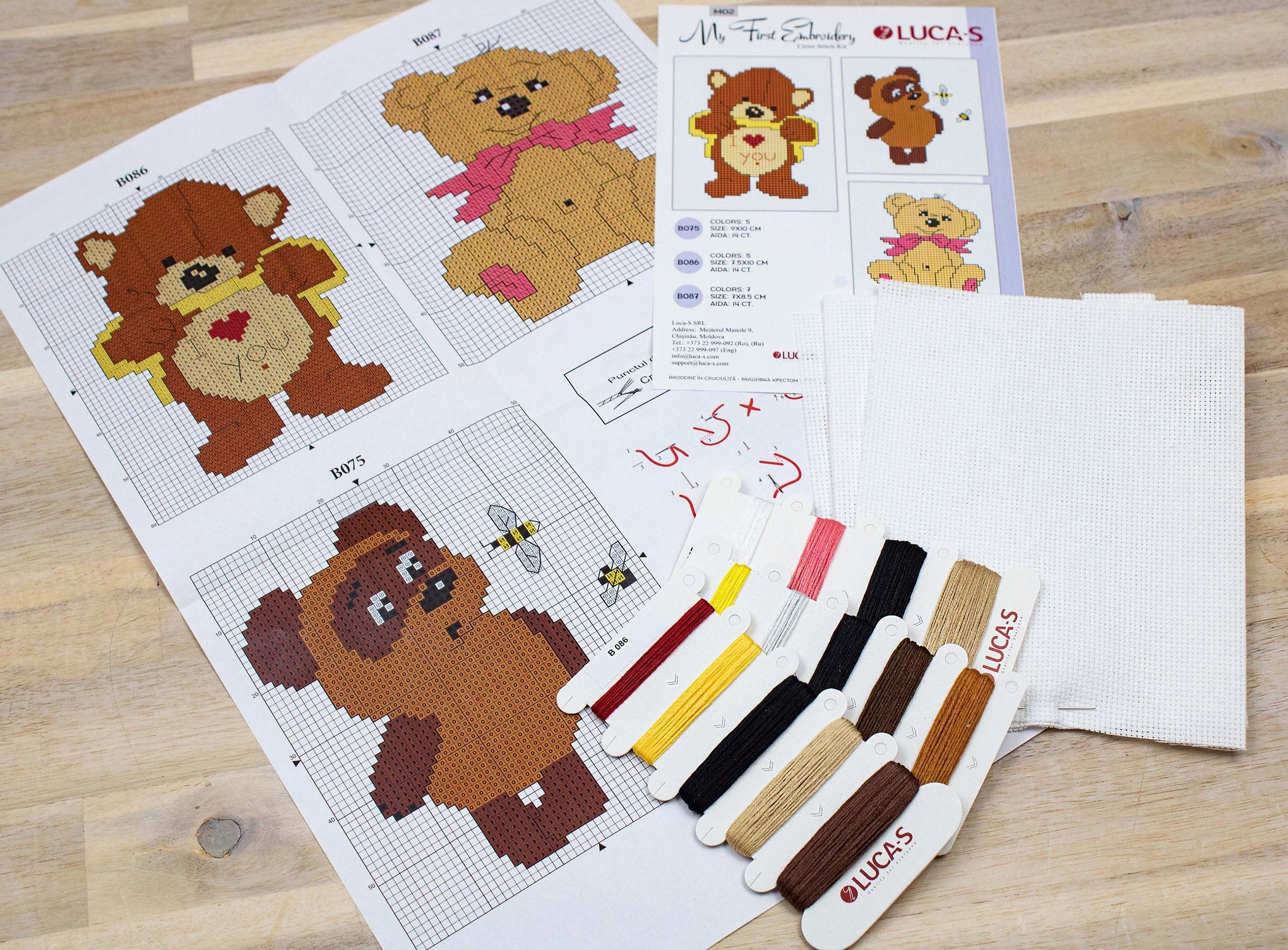 Kit Luca-S Prima mea broderie M02 pentru Începători, Set de 3 modele B075 B086 B087, Material Zweigart 14ct AIDA, Fir 100% bumbac