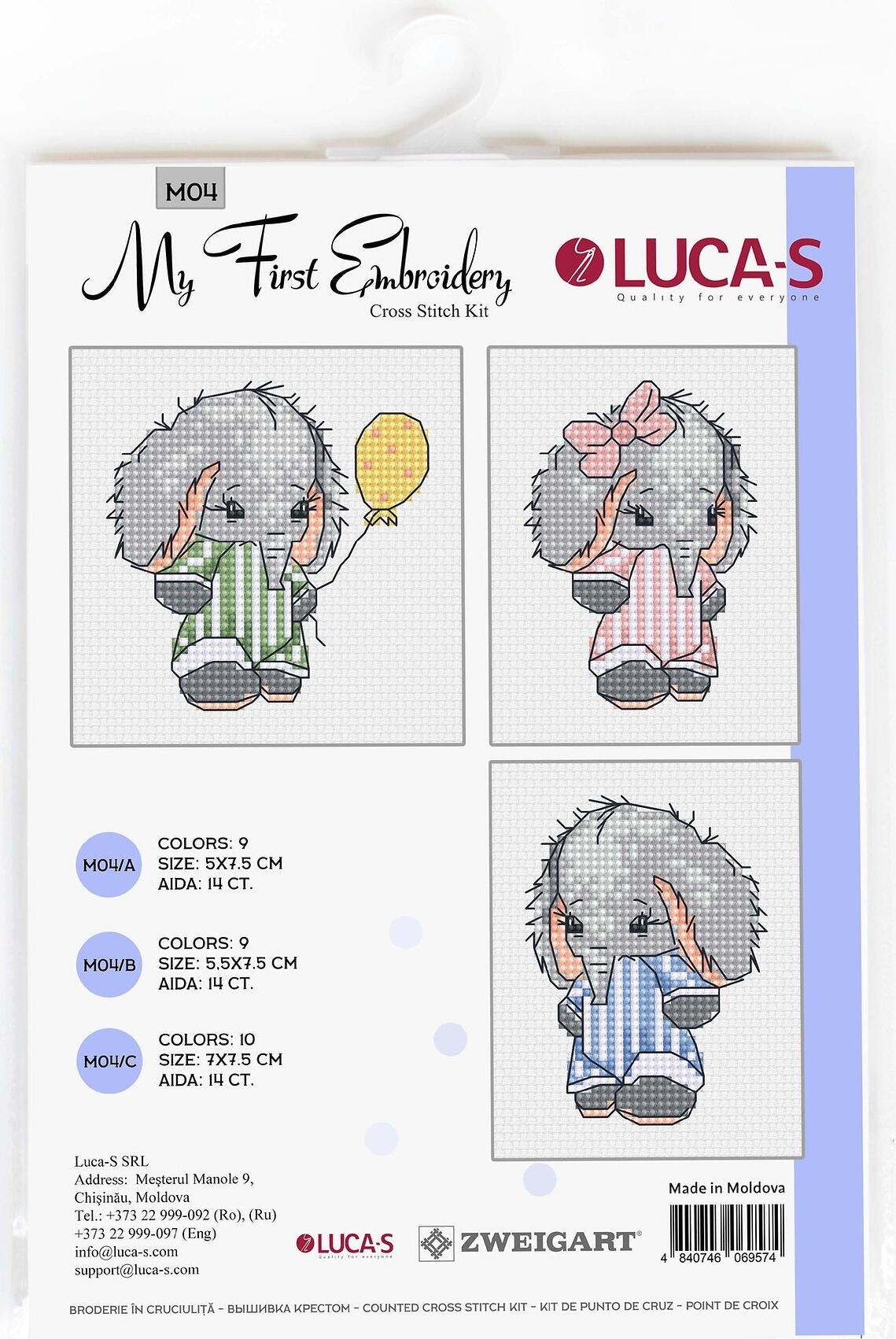 Luca-S M04 My First Embroidery Set of 3 Designs for Beginners, Zweigart 14ct AIDA Fabric, 100% Cotton Thread, Includes Needle and A3 Chart