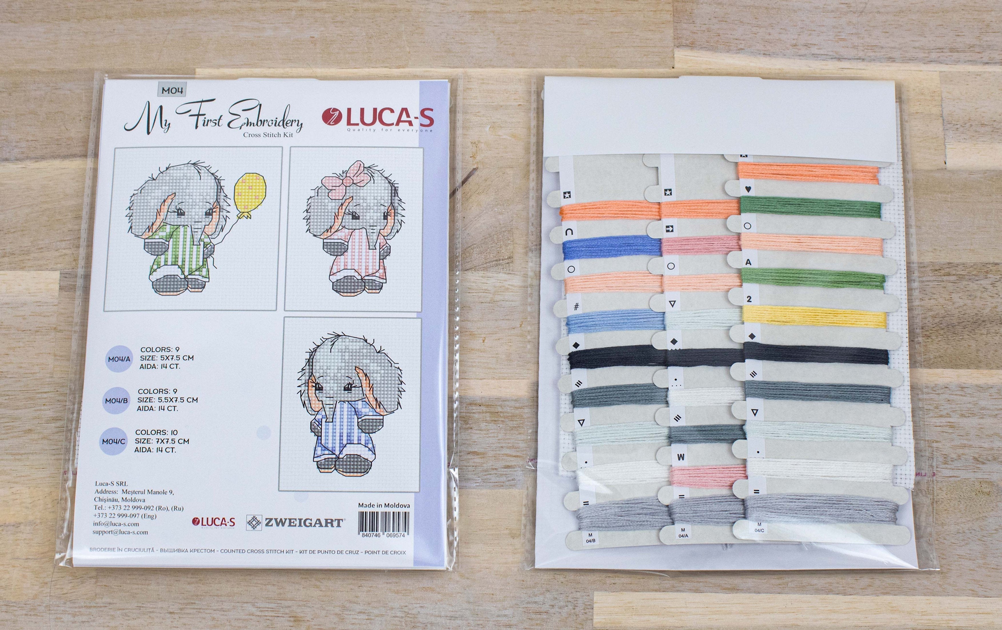 Luca-S M04 My First Embroidery Set of 3 Designs for Beginners, Zweigart 14ct AIDA Fabric, 100% Cotton Thread, Includes Needle and A3 Chart