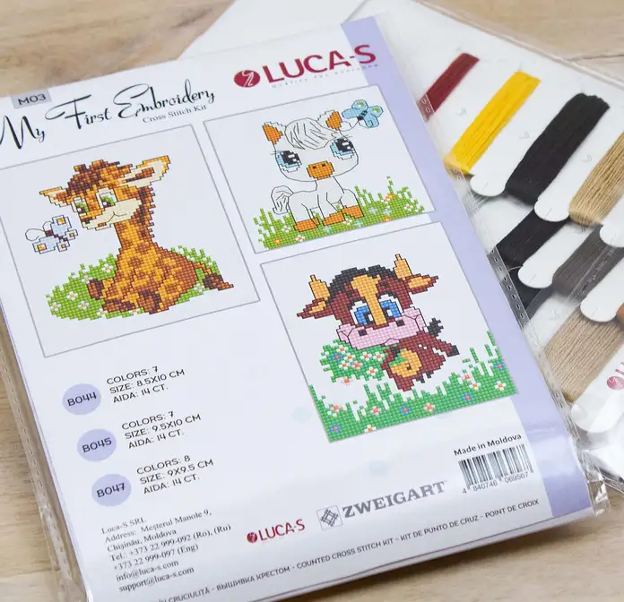 Luca-S M03 My First Embroidery Cross Stitch Kit for Beginners, Set of 3 Designs (Giraffe, Pony, Cow), Zweigart 14ct AIDA Fabric, 100% Cotton Thread