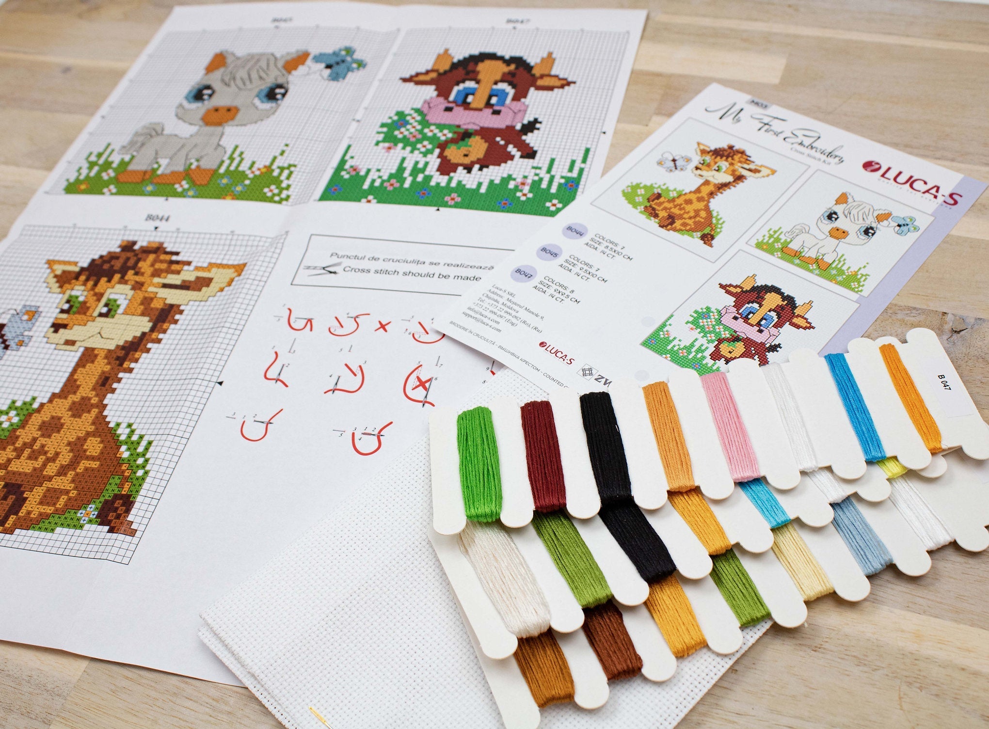 Luca-S M03 My First Embroidery Cross Stitch Kit for Beginners, Set of 3 Designs (Giraffe, Pony, Cow), Zweigart 14ct AIDA Fabric, 100% Cotton Thread