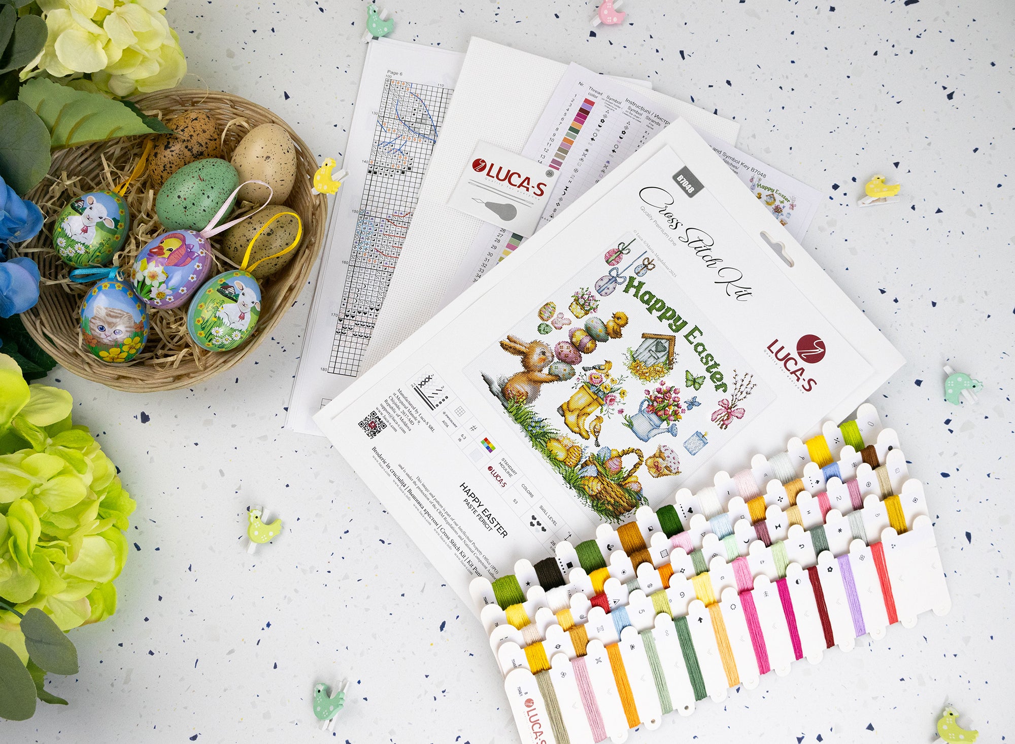 Kit Broderie Luca-S B7048 Paște Fericit, Pânză Zweigart Aida 16ct Albă, Ață 100% Bumbac, Dimensiune Finală 28 x 28 cm