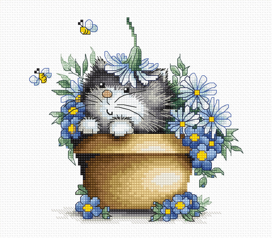 CROSS STITCH KIT Brand: Luca-S Aida fabric 14 ct. Zweigart white color Culori : 33 Măsuri : 16x15.5 cm "Anchor" mouliné cotton threads Needle, chart and instructions. Premium quality Set de brodat în cruciuliță Luca-S - B1048 Pisoi in flori