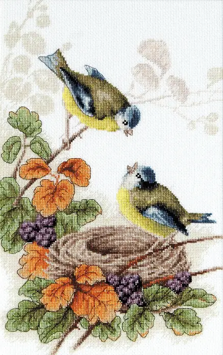 Kit Broderie în Cruce Luca-S B215 Păsărelele la cuibuşor, Material Aida 18 ct Zweigart, Ață Muline Anchor, 42 Culori, 20 x 30.5 cm, Calitate Premium