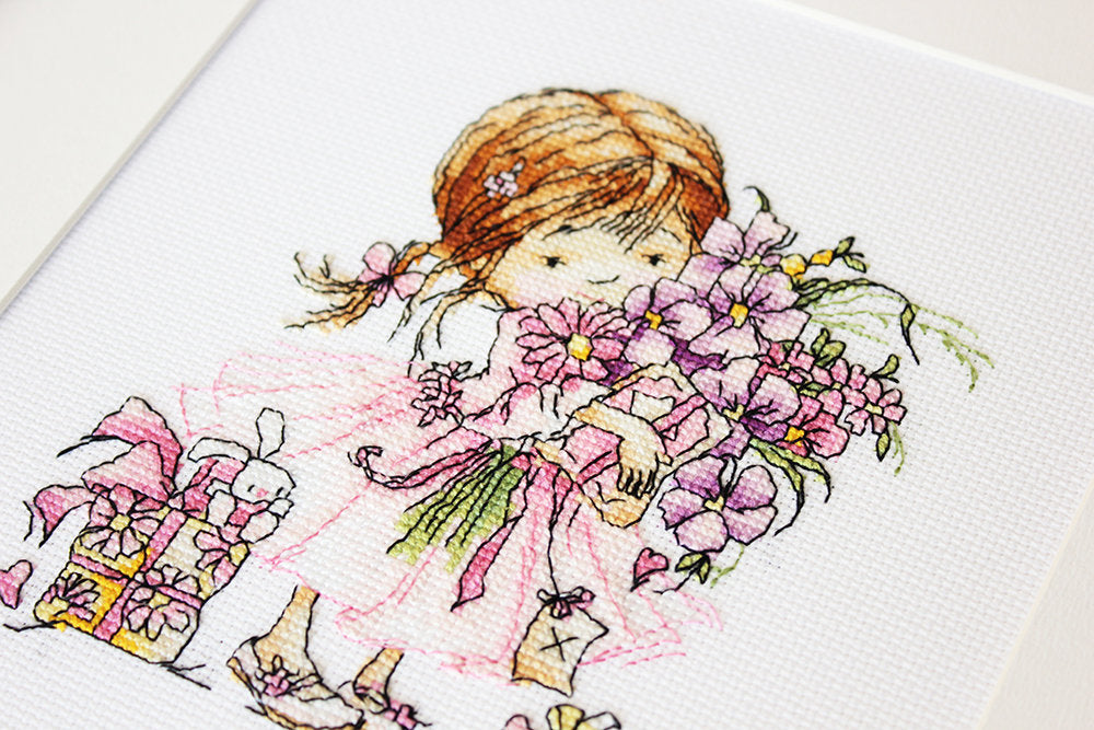 Luca-S B1055 The Girl with Flowers and Gifts Cross Stitch Kit, Marina Fedotova, 13.5x14.5cm, 25 Colors, Zweigart Aida 16 White Fabric, Anchor Cotton Threads
