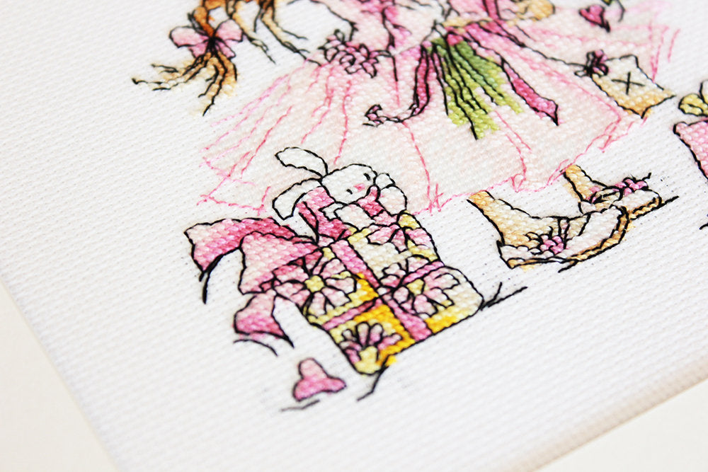 Luca-S B1055 The Girl with Flowers and Gifts Cross Stitch Kit, Marina Fedotova, 13.5x14.5cm, 25 Colors, Zweigart Aida 16 White Fabric, Anchor Cotton Threads
