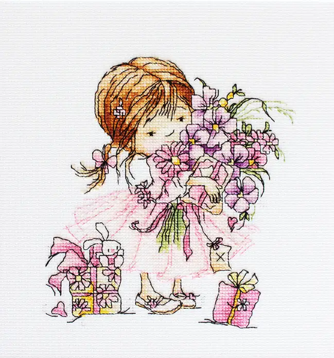 Luca-S B1055 The Girl with Flowers and Gifts Cross Stitch Kit, Marina Fedotova, 13.5x14.5cm, 25 Colors, Zweigart Aida 16 White Fabric, Anchor Cotton Threads