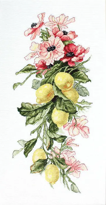 Luca-S B210 Flowers and Lemons Cross Stitch Embroidery Kit, 38 Colors, 17x39 cm, Zweigart Aida 18 ct Off-White Fabric, Anchor Cotton Threads