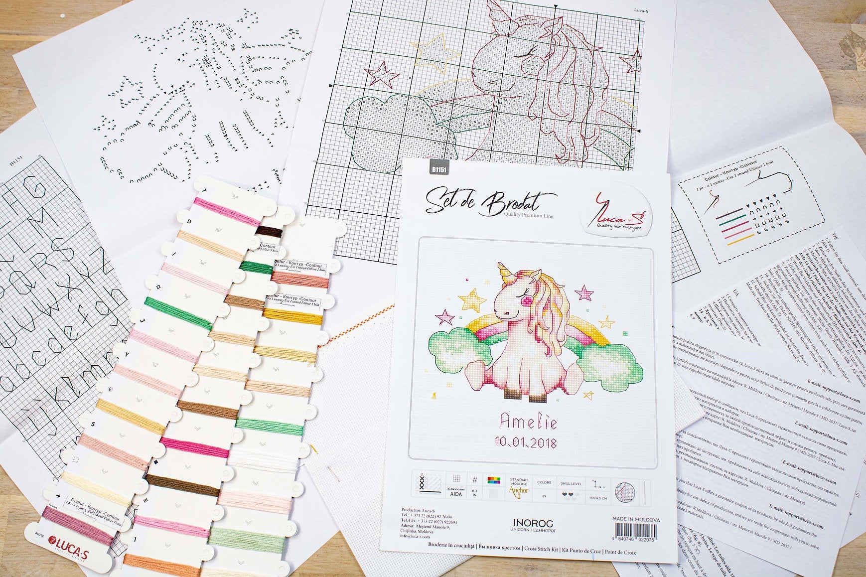 Kit Broderie în Cruce Luca-S B1151 Inorog, Linia Quality Premium, Pânză Zweigart Aida 16 ct, Aste Anchor Mouline, 29 Culori, Dimensiune 15 x 14.5 cm