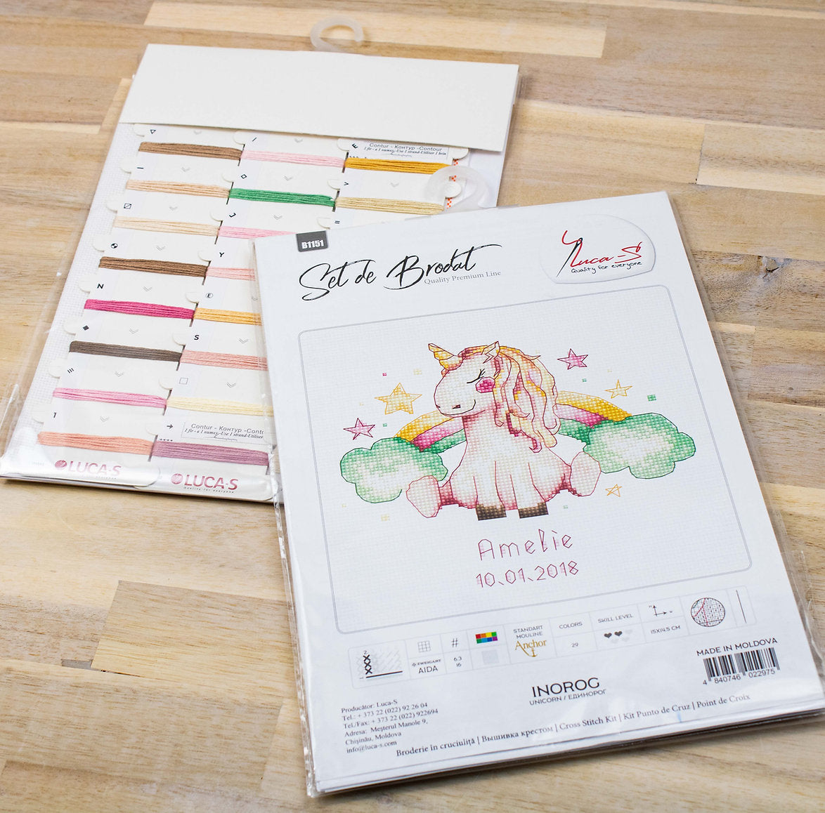 Kit Broderie în Cruce Luca-S B1151 Inorog, Linia Quality Premium, Pânză Zweigart Aida 16 ct, Aste Anchor Mouline, 29 Culori, Dimensiune 15 x 14.5 cm
