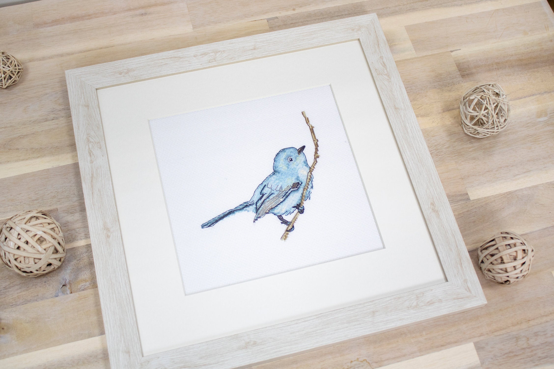 Luca-S B1158 Bluebird Cross Stitch Embroidery Kit, Zweigart Belana 14ct Fabric, 11.5 x 11.5 cm, Anchor Premium Threads, Full Set