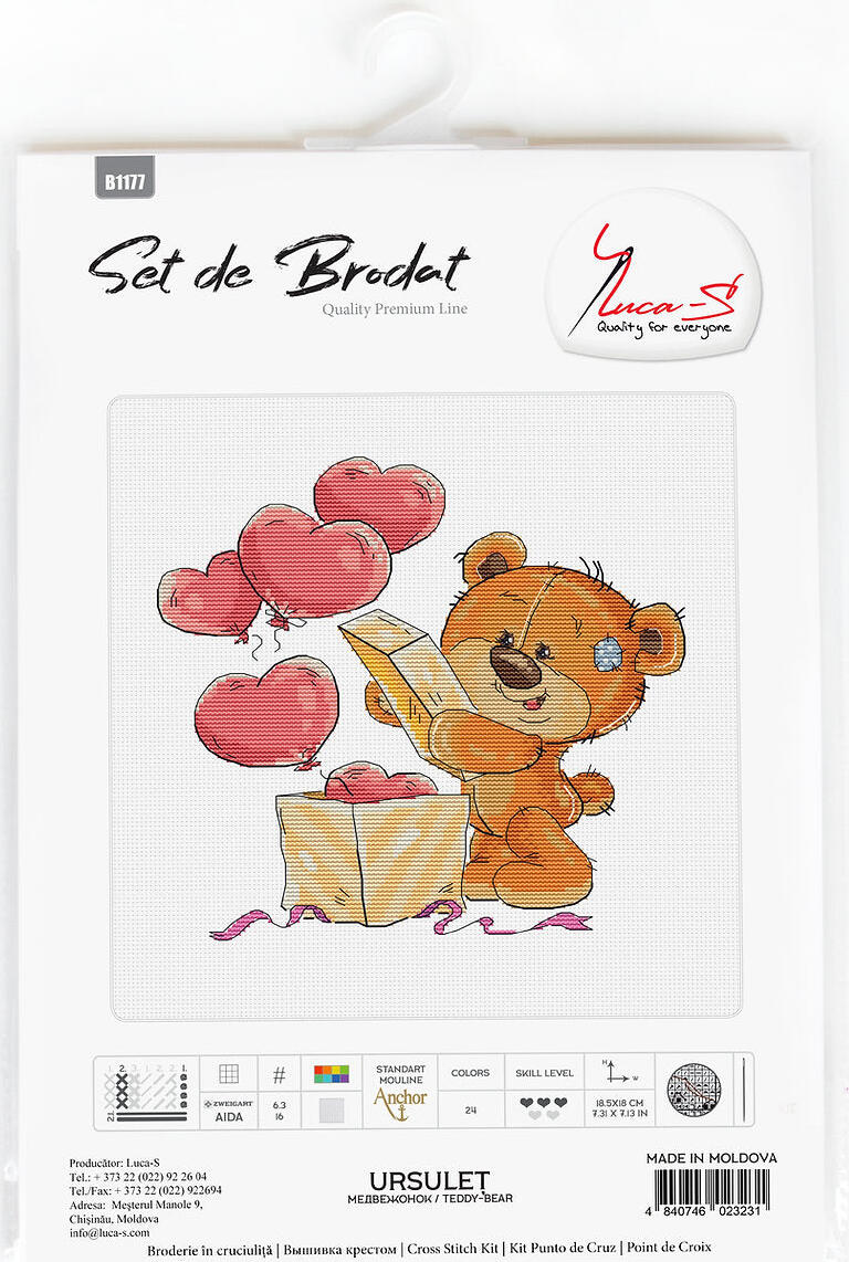 Set de brodat în cruciuliță Luca-S B1177 Ursuleț, 18,5 x 18 cm, Material Zweigart AIDA 16ct, 24 Culori Anchor, Quality Premium Line