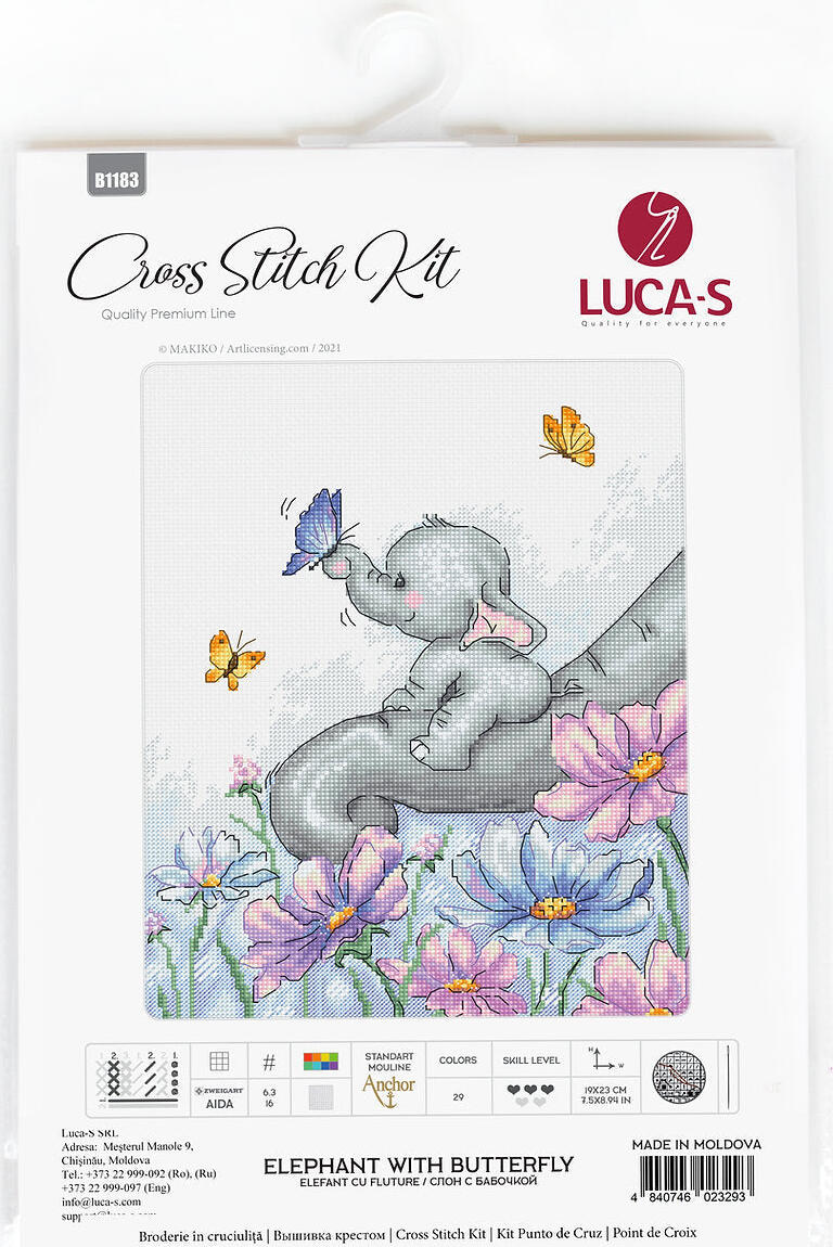 Luca-S B1183 Elephant with Butterfly Cross Stitch Kit, Quality Premium Line, 19 x 23 cm, Zweigart 16ct AIDA Fabric and Anchor Threads