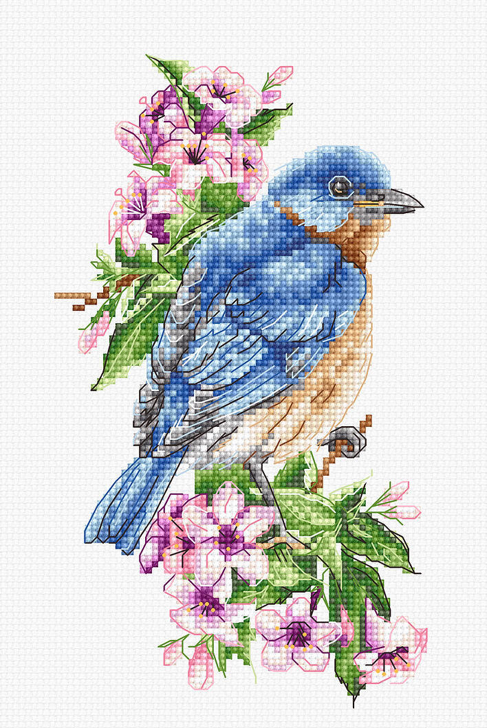 Luca-S B1198 Blue Bird on the Branch Cross Stitch Kit, Zweigart Aida 16ct Fabric, 10 x 17 cm, 30 Colors, Cotton Threads