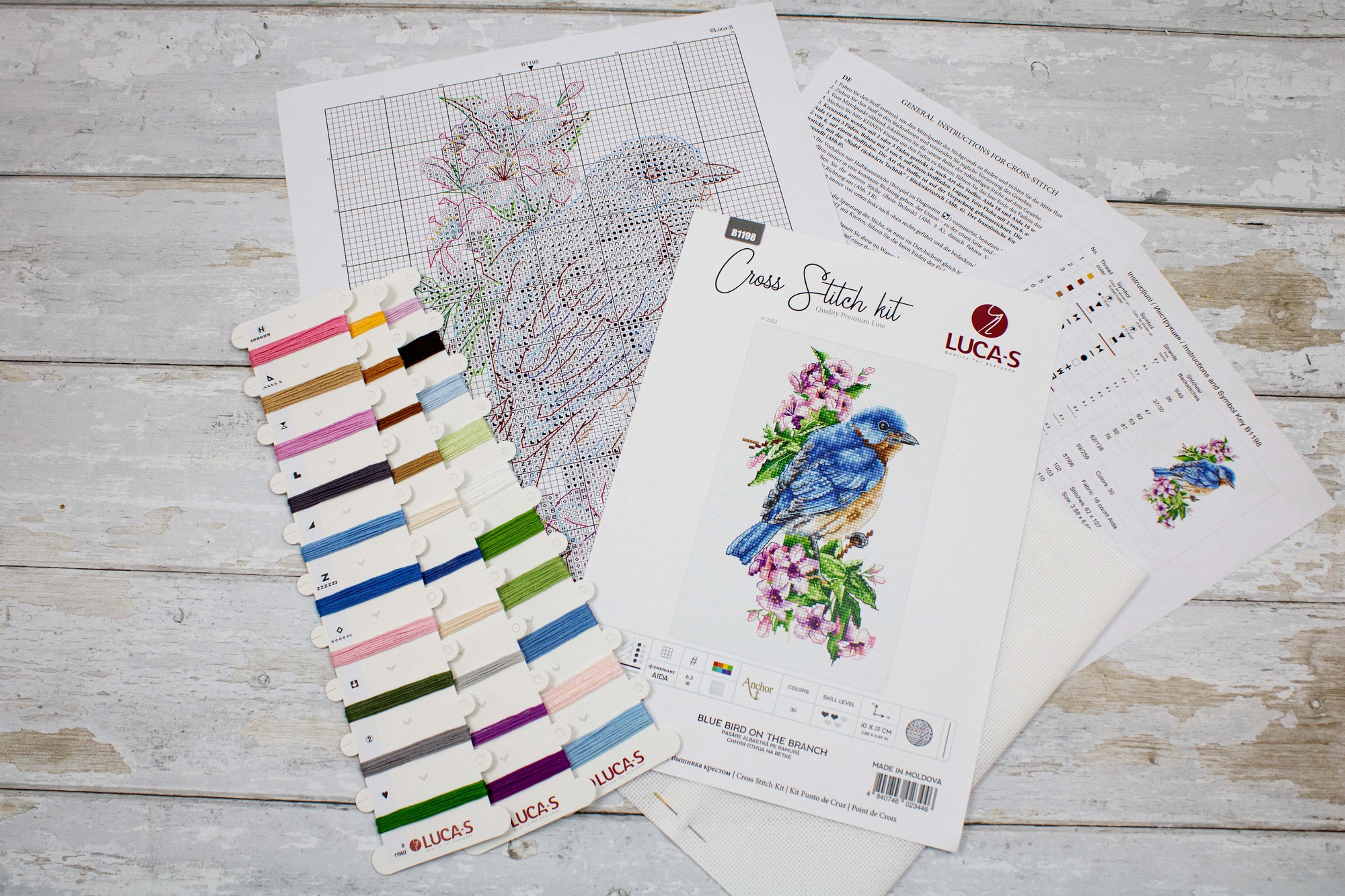 Luca-S B1198 Blue Bird on the Branch Cross Stitch Kit, Zweigart Aida 16ct Fabric, 10 x 17 cm, 30 Colors, Cotton Threads