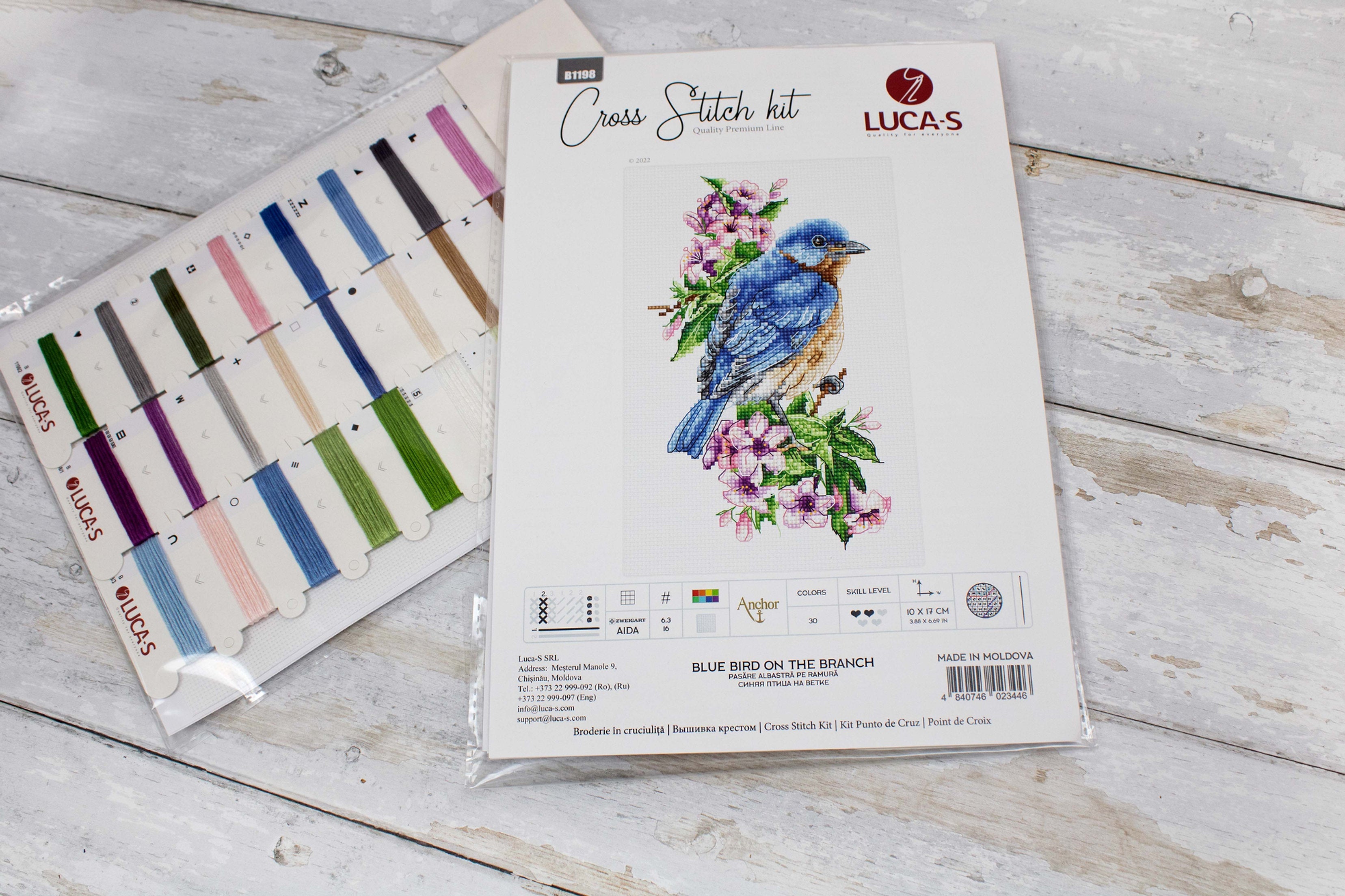 Luca-S B1198 Blue Bird on the Branch Cross Stitch Kit, Zweigart Aida 16ct Fabric, 10 x 17 cm, 30 Colors, Cotton Threads