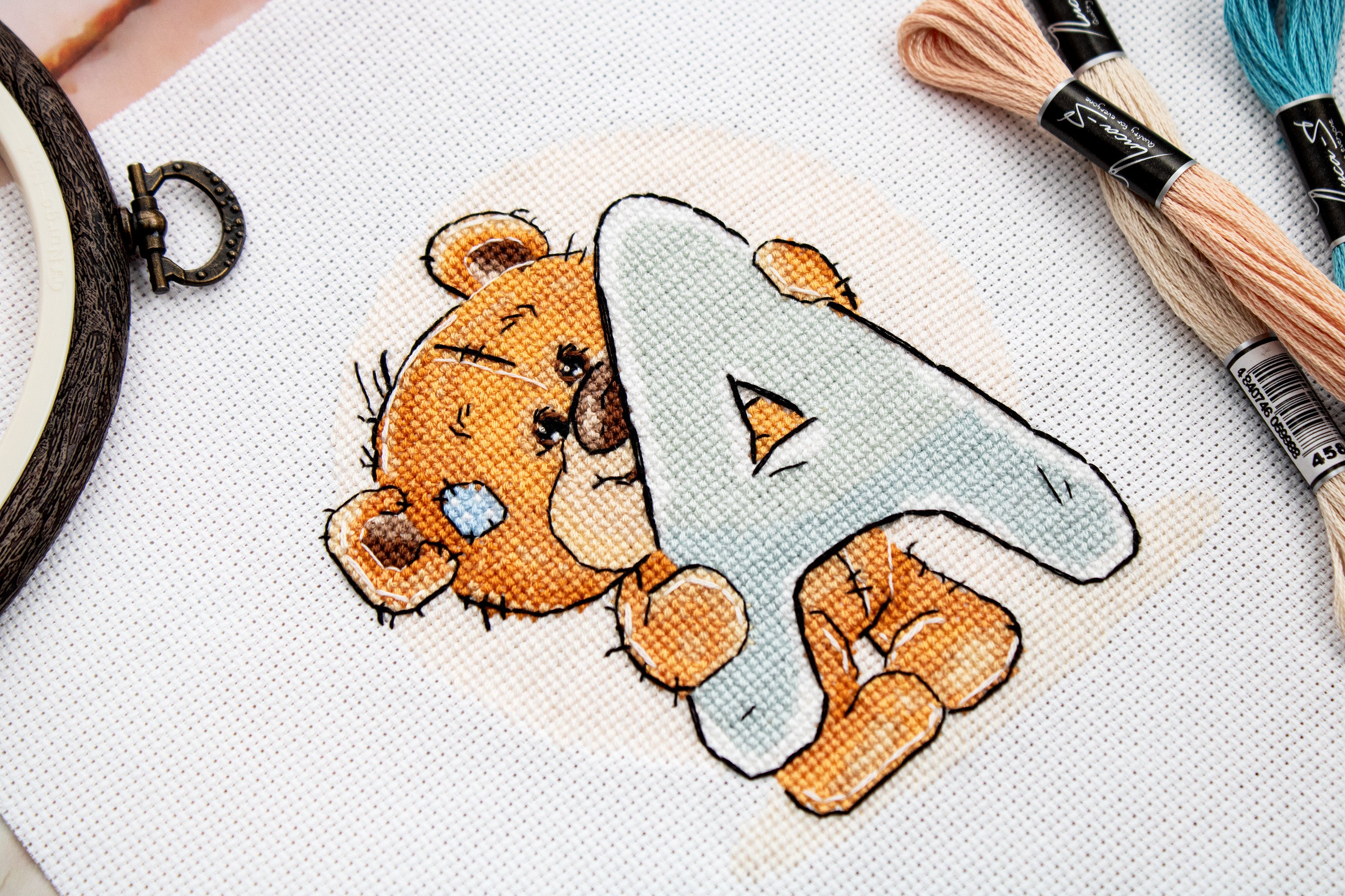 Luca-S B1202 Cross Stitch Embroidery Kit Letter A with Teddy Bear, 16ct AIDA Fabric, Anchor Threads, 12 x 12.5 cm, 18 Colors
