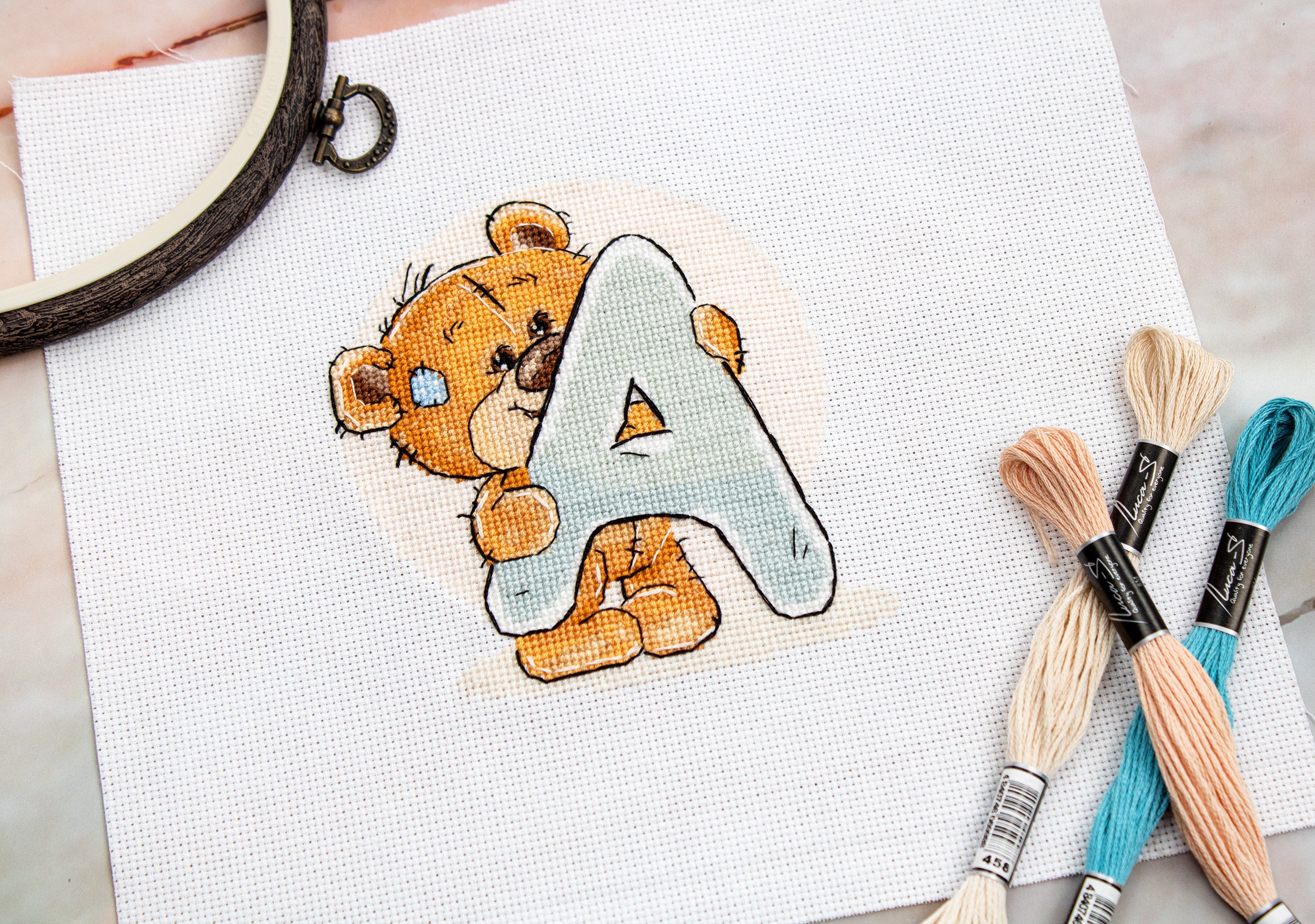 Luca-S B1202 Cross Stitch Embroidery Kit Letter A with Teddy Bear, 16ct AIDA Fabric, Anchor Threads, 12 x 12.5 cm, 18 Colors