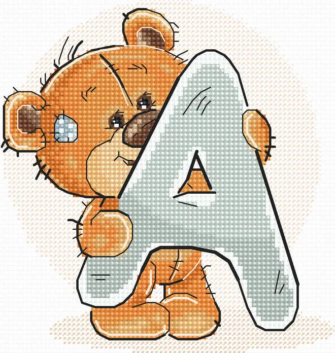 Luca-S B1202 Cross Stitch Embroidery Kit Letter A with Teddy Bear, 16ct AIDA Fabric, Anchor Threads, 12 x 12.5 cm, 18 Colors