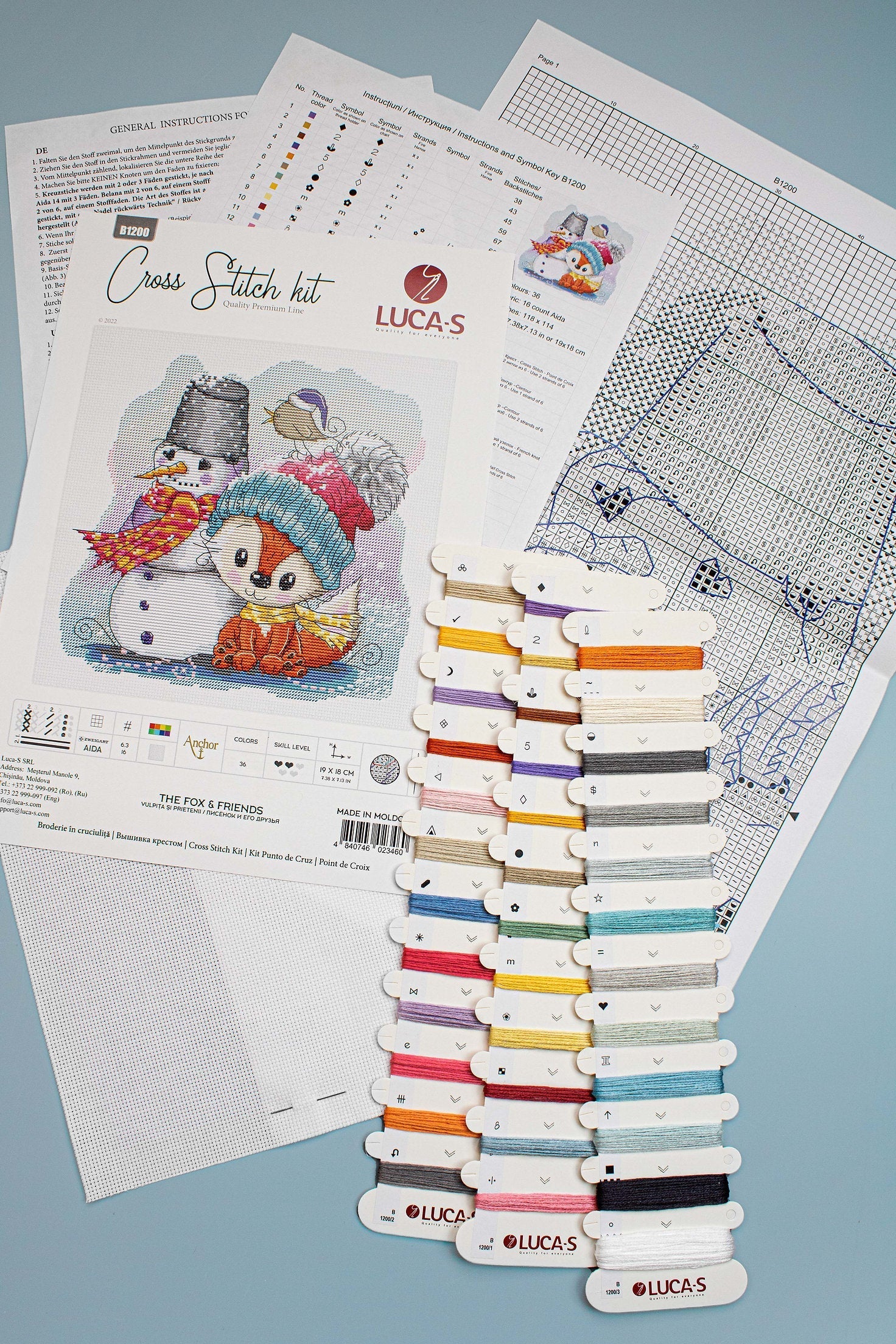 Luca-S B1200 Kit Broderie în Cruce The Fox & Friends, Material Aida 16 ct, Aste Anchor din Bumbac, 19 x 18 cm, 36 Culori