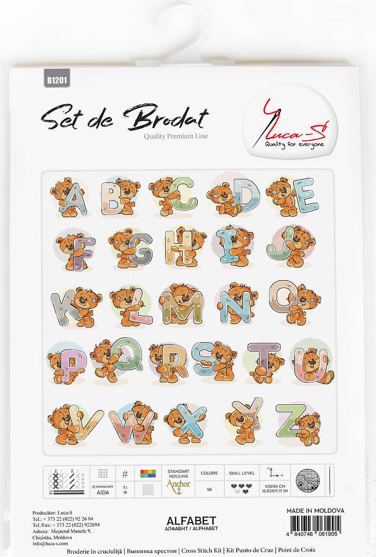 Набор для вышивания крестиком Luca-S B1201 Alfabet, ткань AIDA 18ct Zweigart, нити Anchor, 43 x 44 см, Quality Premium Line