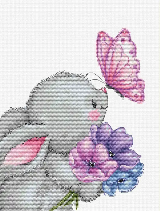 Kit Broderie Luca-S B1235 Iepure și Fluture de la MAKIKO, 17x22 cm, Material Zweigart Aida 16ct, 34 Culori, Fire 100% Bumbac