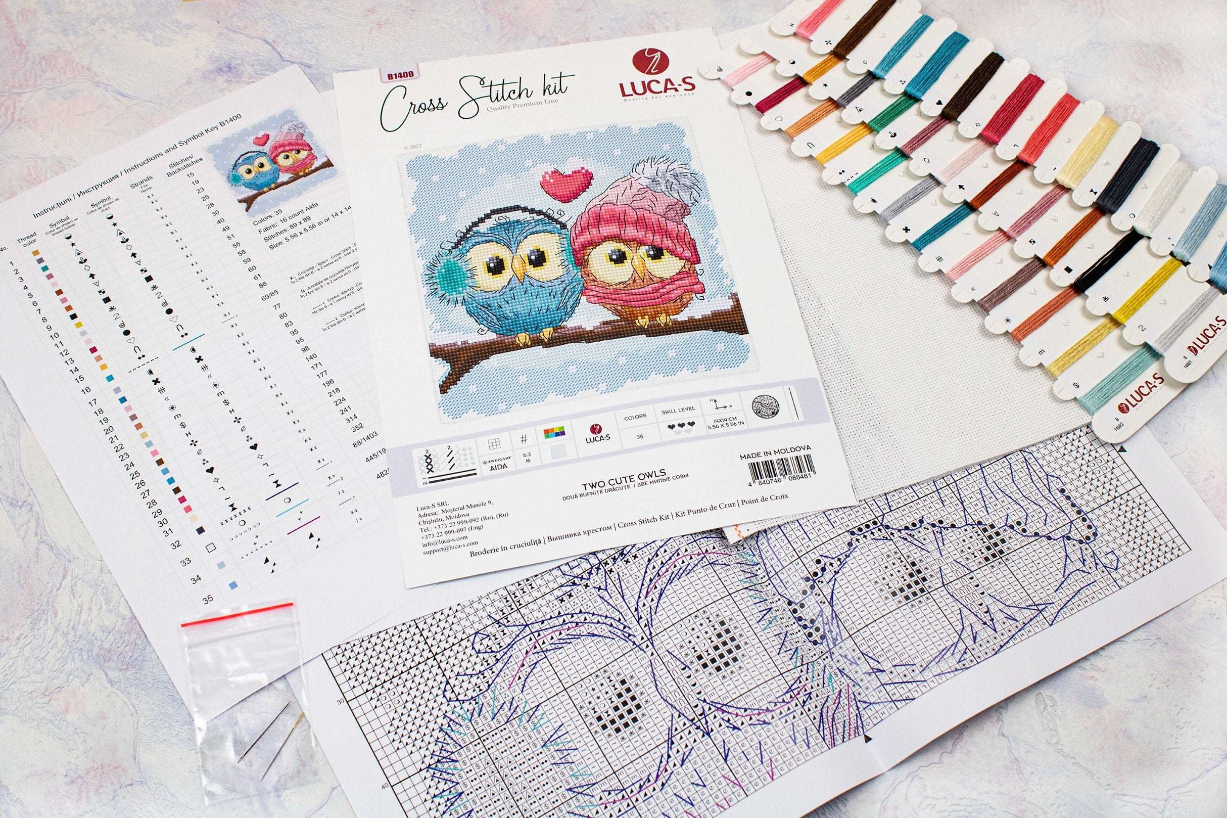 Luca-S B1400 Two Cute Owls Cross Stitch Kit, Zweigart Aida 16 ct Fabric, 100% Cotton Thread, 14 x 14 cm, 35 Colors
