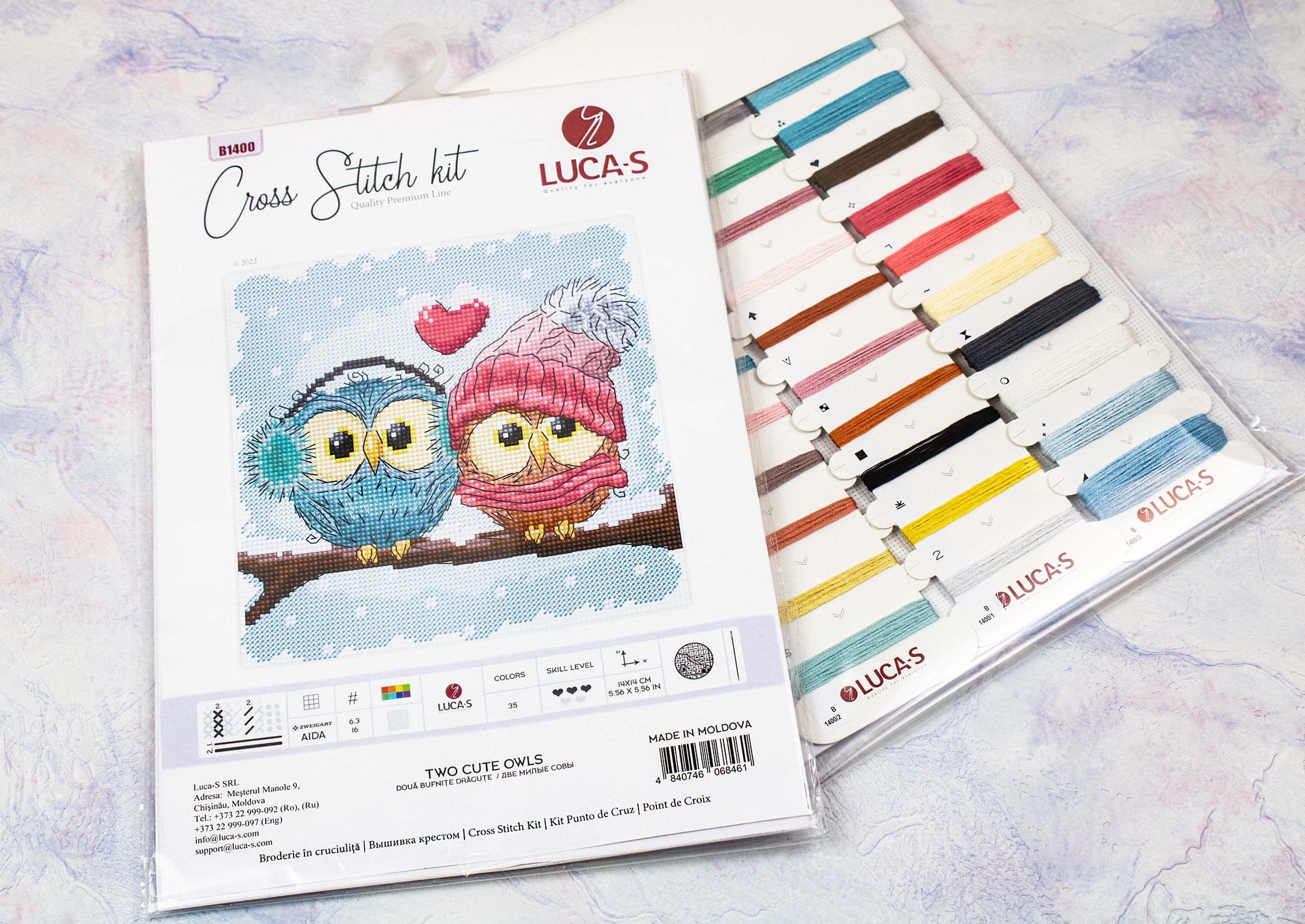 Luca-S B1400 Two Cute Owls Cross Stitch Kit, Zweigart Aida 16 ct Fabric, 100% Cotton Thread, 14 x 14 cm, 35 Colors
