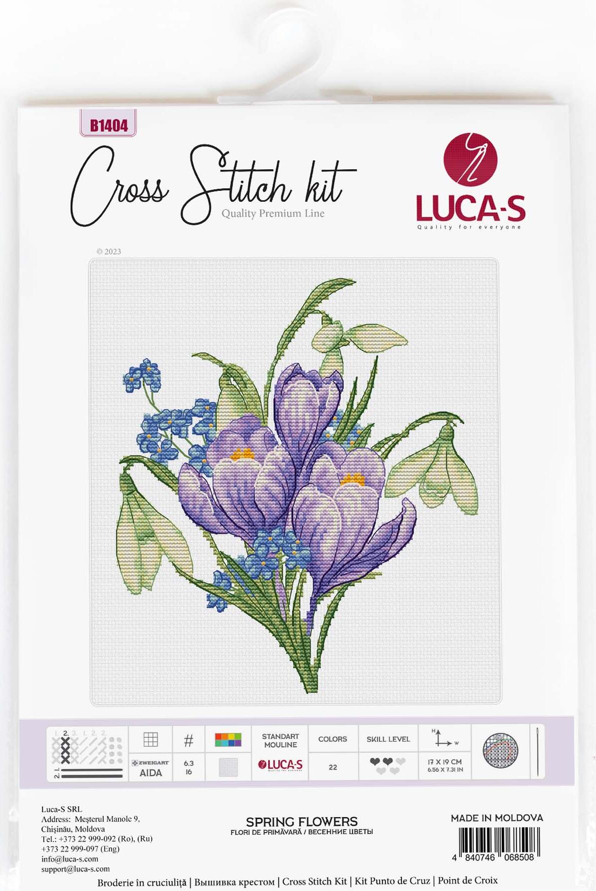 Kit Broderie în Cruce Luca-S B1404 Flori de Primăvară, Material Zweigart Aida 16 ct, Ață 100% Bumbac, 22 Culori, Dimensiune Finală 17 x 19 cm