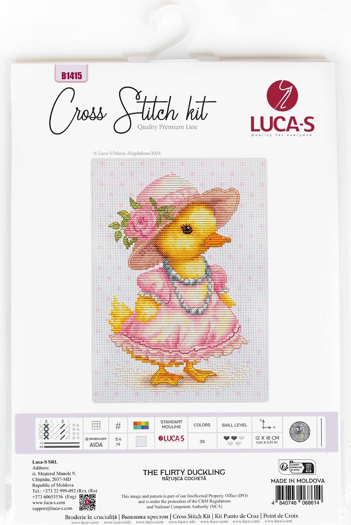 Luca-S B1415 The Flirty Duckling Cross Stitch Kit, 100% Cotton Thread, Zweigart Aida 14 ct Fabric, 12 x 18 cm Finished Size, 35 Colors