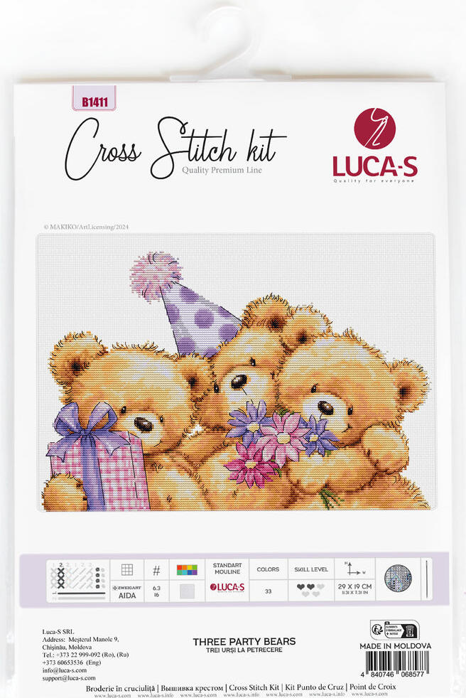 Luca-S B1411 Three Party Bears Cross Stitch Kit, Quality Premium Line by MAKIKO, Zweigart Aida 16ct Fabric, 29 x 19 cm, 33 Colors