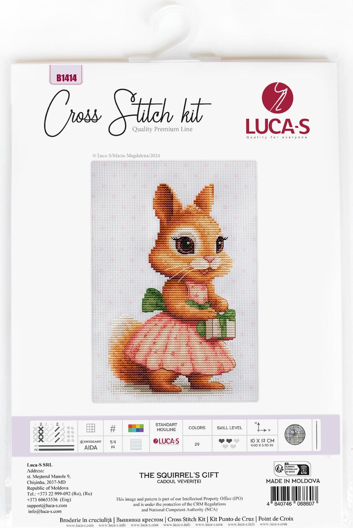 Kit Broderie Luca-S B1414 Cadoul Veveriței, Maria Magdalena, 10x17 cm, Material Zweigart Aida 14 ct, 29 Culori, Ață 100% Bumbac