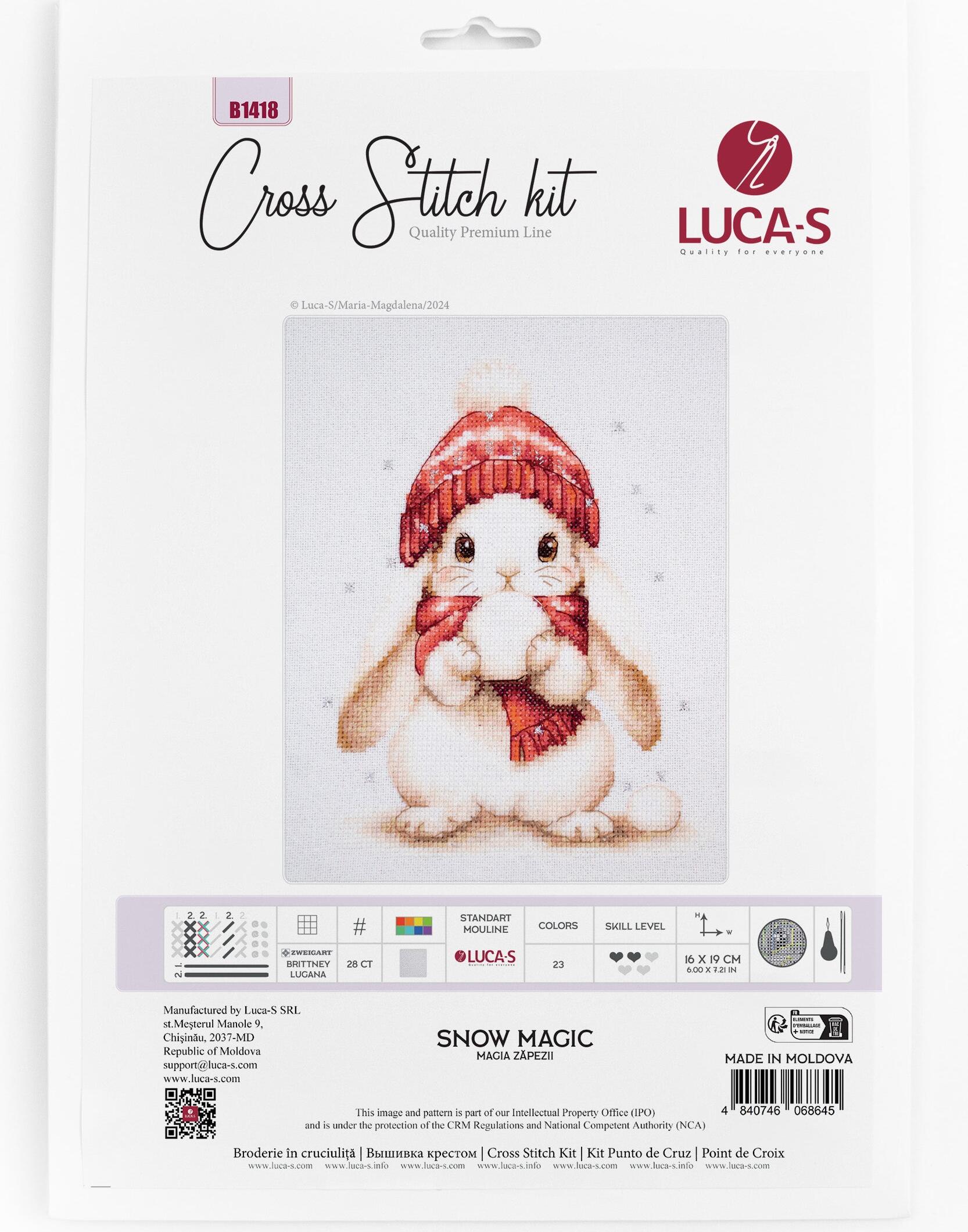 Kit Broderie Luca-S B1418 Magia Zăpezii, Pânză Brittney Lugana 28 ct, Dimensiune Finală 16 x 19 cm, 23 Culori, Ață 100% Bumbac