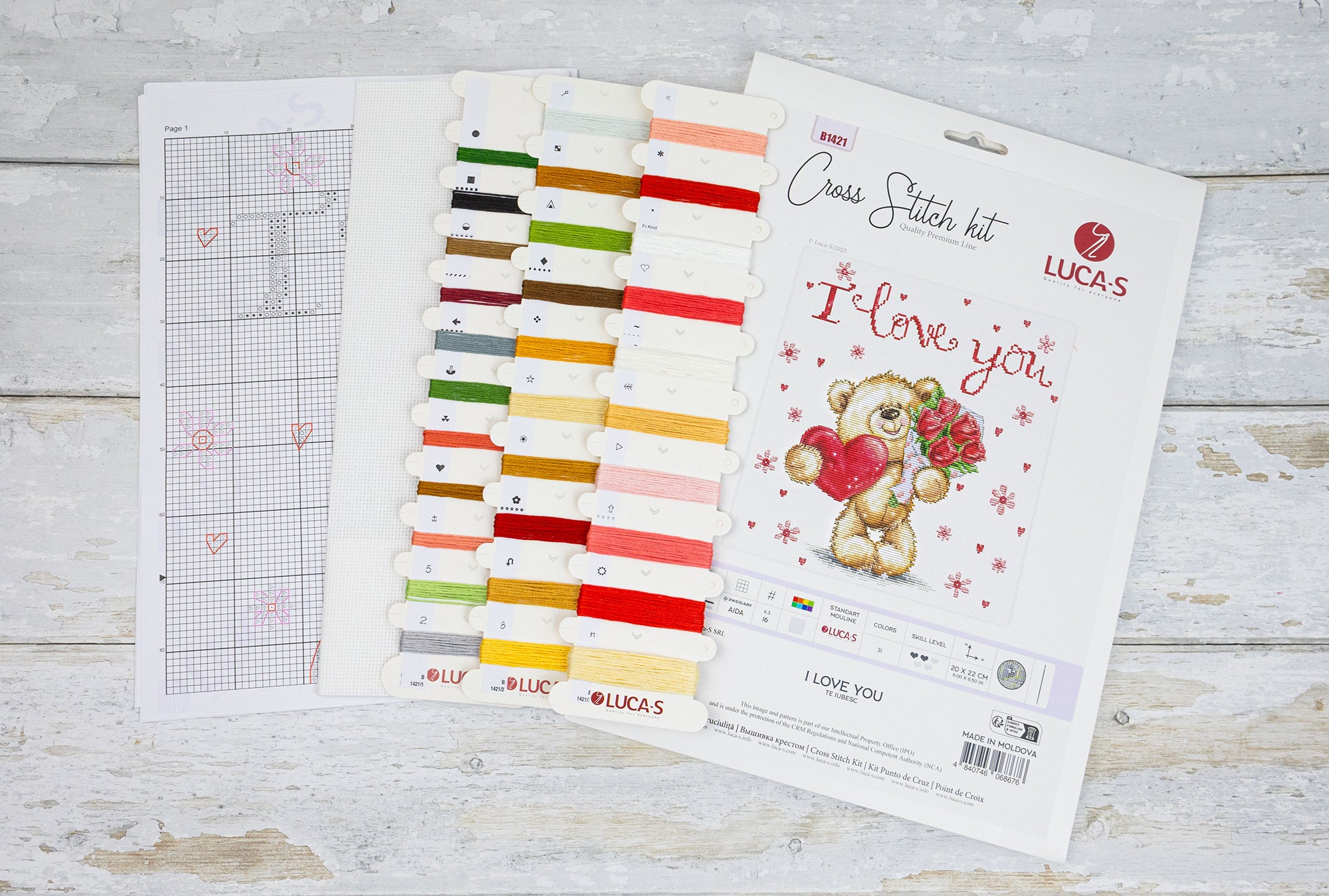 Kit Broderie Luca-S B1421 Te Iubesc, Fir 100% Bumbac, Tela Aida 16 ct Albă, Dimensiune Finală 20 x 22 cm, 31 Culori