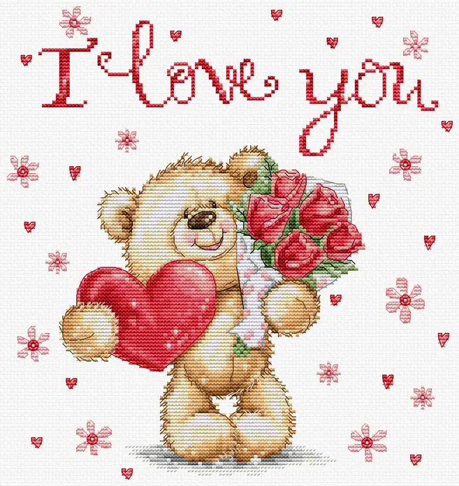 Kit Broderie Luca-S B1421 Te Iubesc, Fir 100% Bumbac, Tela Aida 16 ct Albă, Dimensiune Finală 20 x 22 cm, 31 Culori