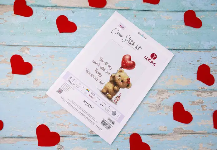 Kit Broderie Luca-S B1424 Inima Mea, 24 x 25 cm, 29 Culori, Material Zweigart Aida 16ct Alb, Design Ursuleț Valentine's Day