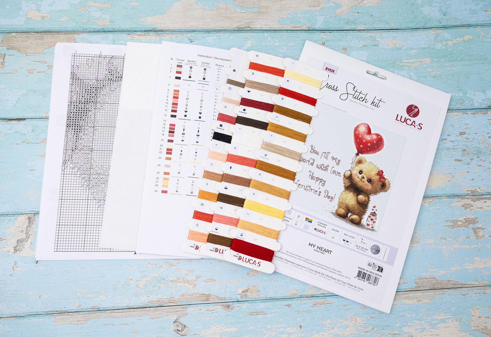 Kit Broderie Luca-S B1424 Inima Mea, 24 x 25 cm, 29 Culori, Material Zweigart Aida 16ct Alb, Design Ursuleț Valentine's Day