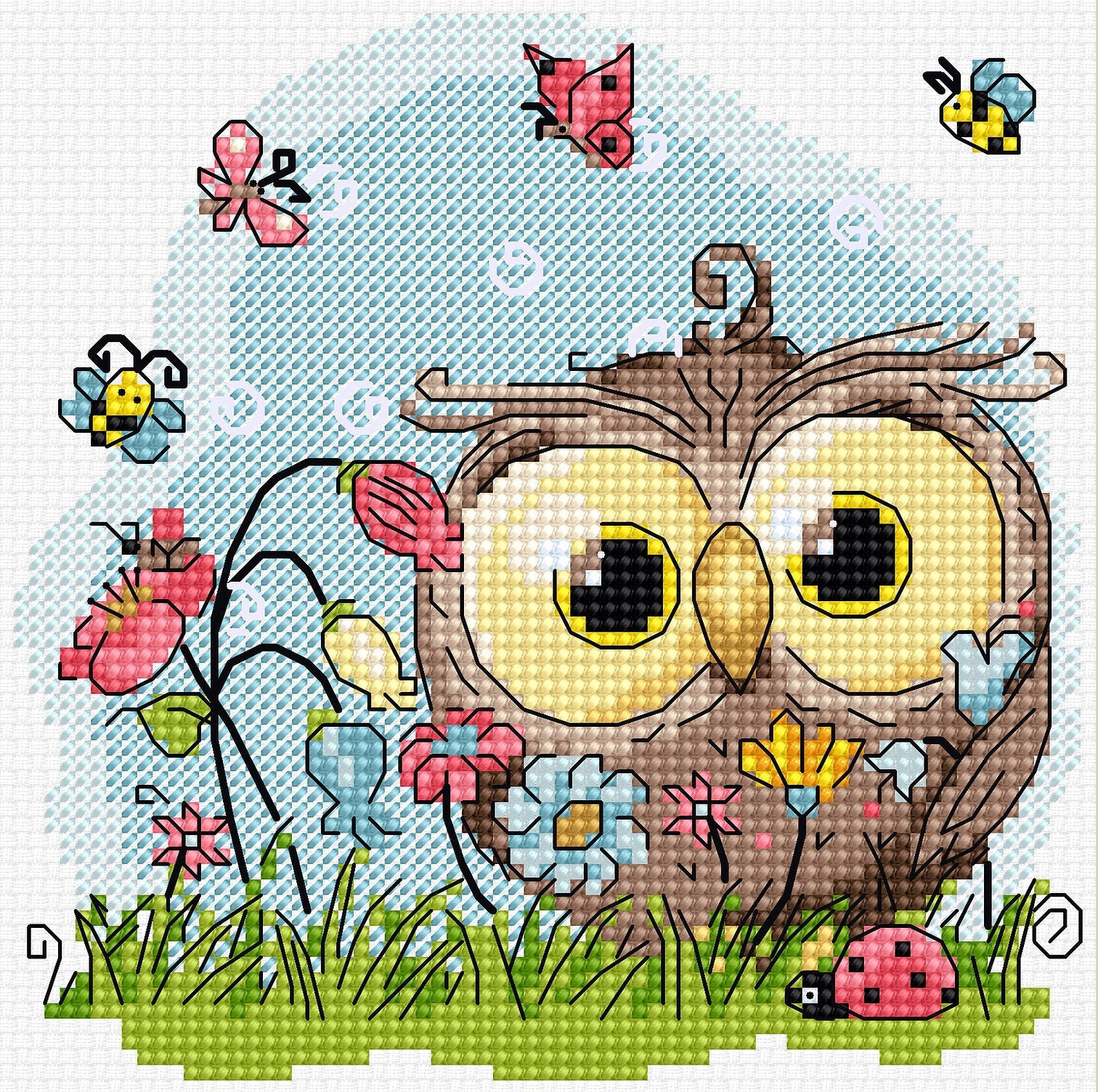 Dimensiunea broderiei: 4.93 x 4.93 in or 13 x 13 cm. Numărul de cruciulițe: 69 x 69 Culori: 18 Ață: Luca-S 100% bumbac Pânză: Zweigart Aida 16 ct. (100/101) Ace de brodat №26 - 2 Schema este parțial colorată - 1 coale A3 Nivel de dificultate: 3/5 Cross Stitch kit Luca-S Set de brodat în cruciuliță Luca-S - B1401 Bufnița fericită