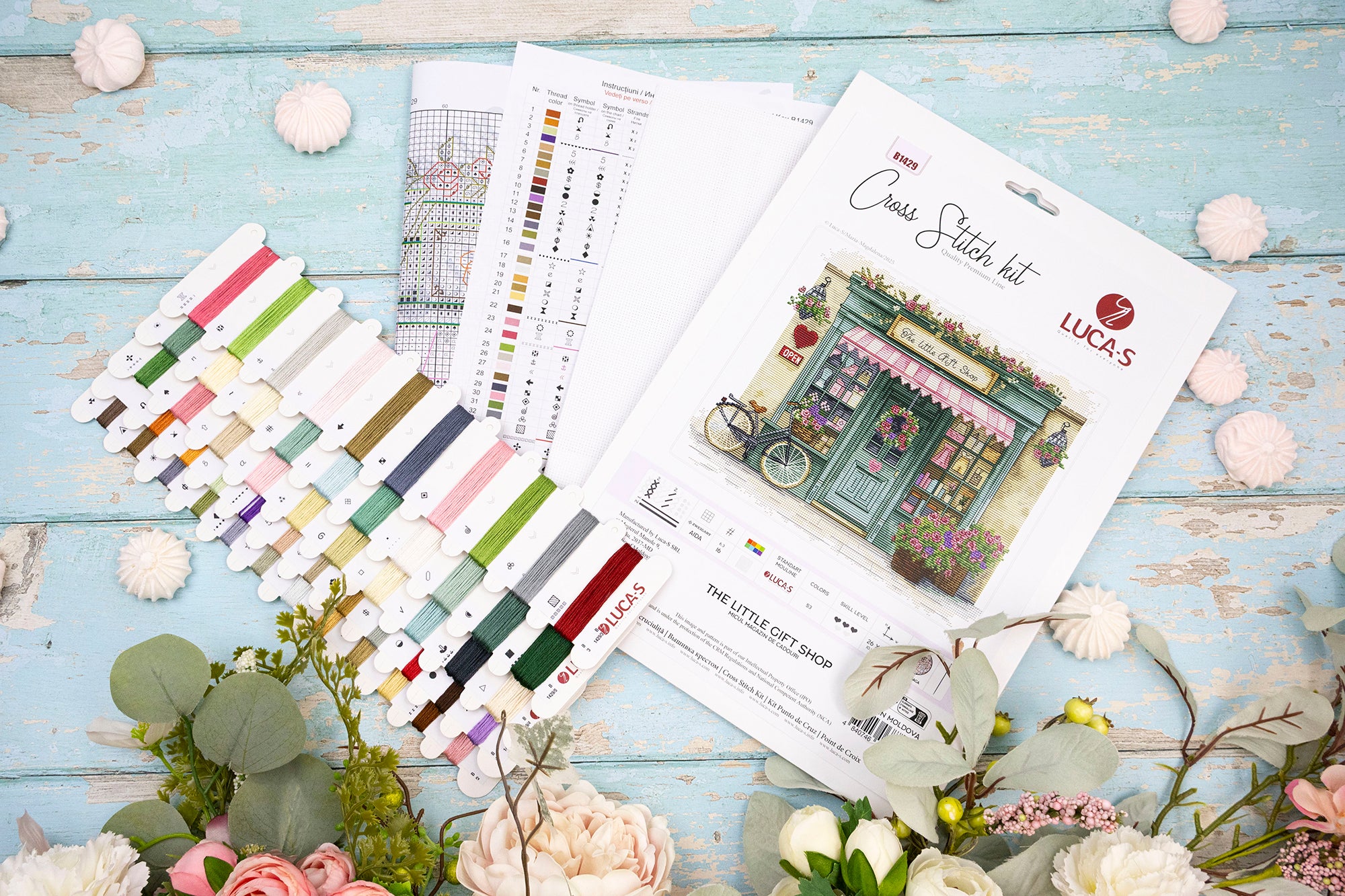 Luca-S B1429 The Little Gift Shop Cross Stitch Kit, 162x129 Stitches, 53 Colors, Zweigart Aida 16ct White Fabric, 26x21 cm Finished Size