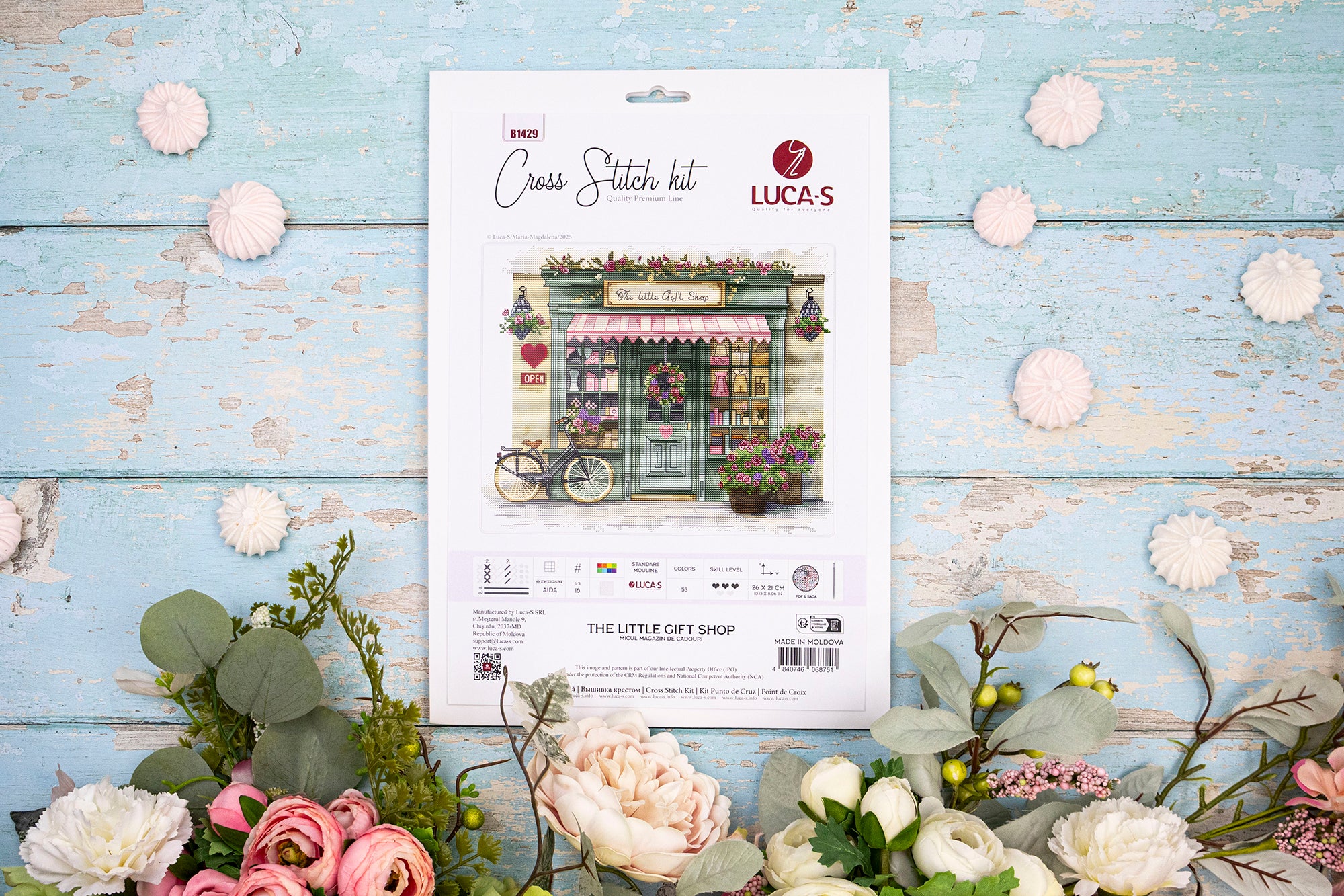 Luca-S B1429 The Little Gift Shop Cross Stitch Kit, 162x129 Stitches, 53 Colors, Zweigart Aida 16ct White Fabric, 26x21 cm Finished Size