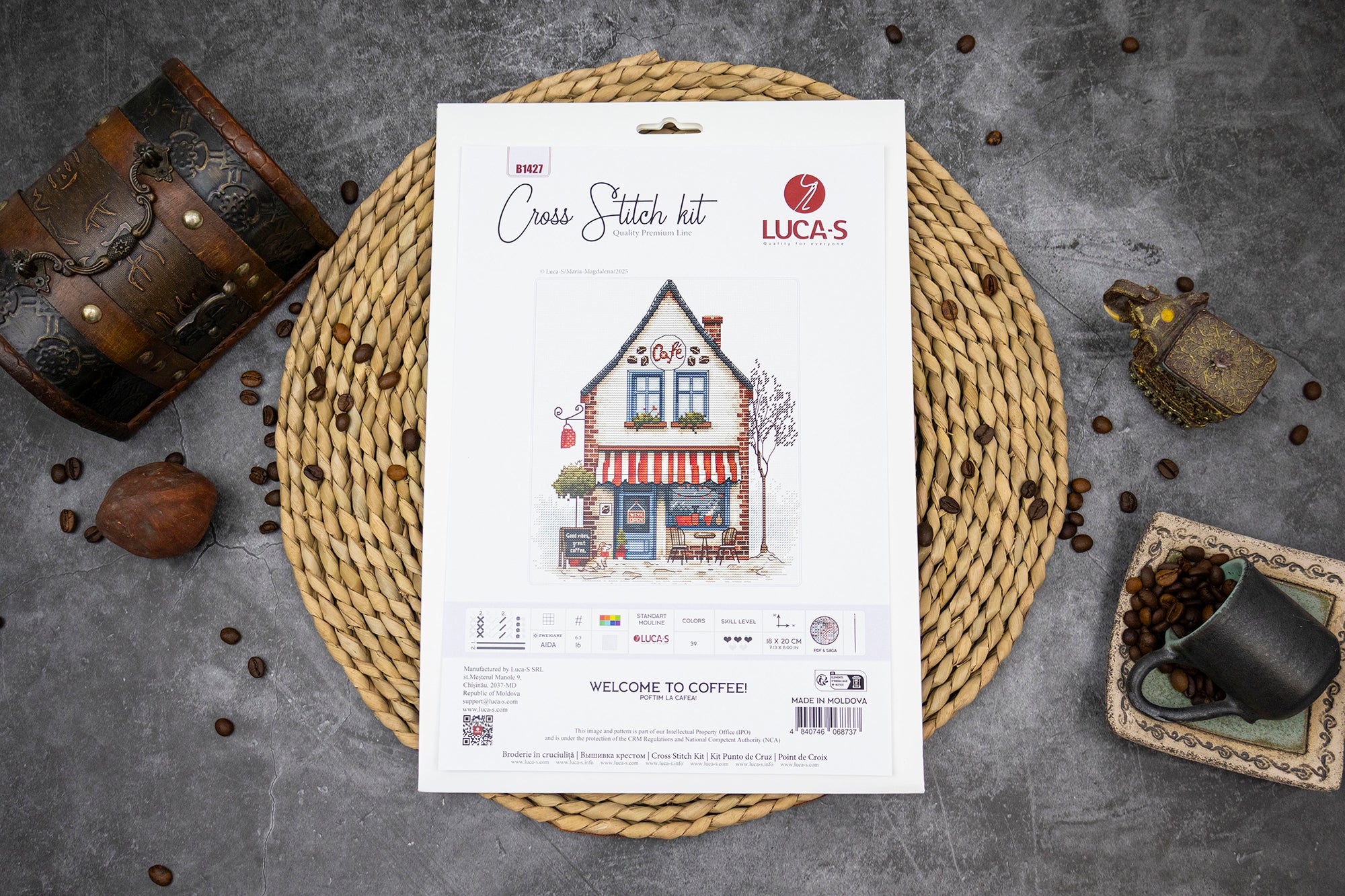 Kit Broderie Luca-S B1427 Poftim la Cafea!, Linia Quality Premium, 18 x 20 cm, Material Zweigart Aida 16ct Alb, 39 Culori, Fir de Bumbac