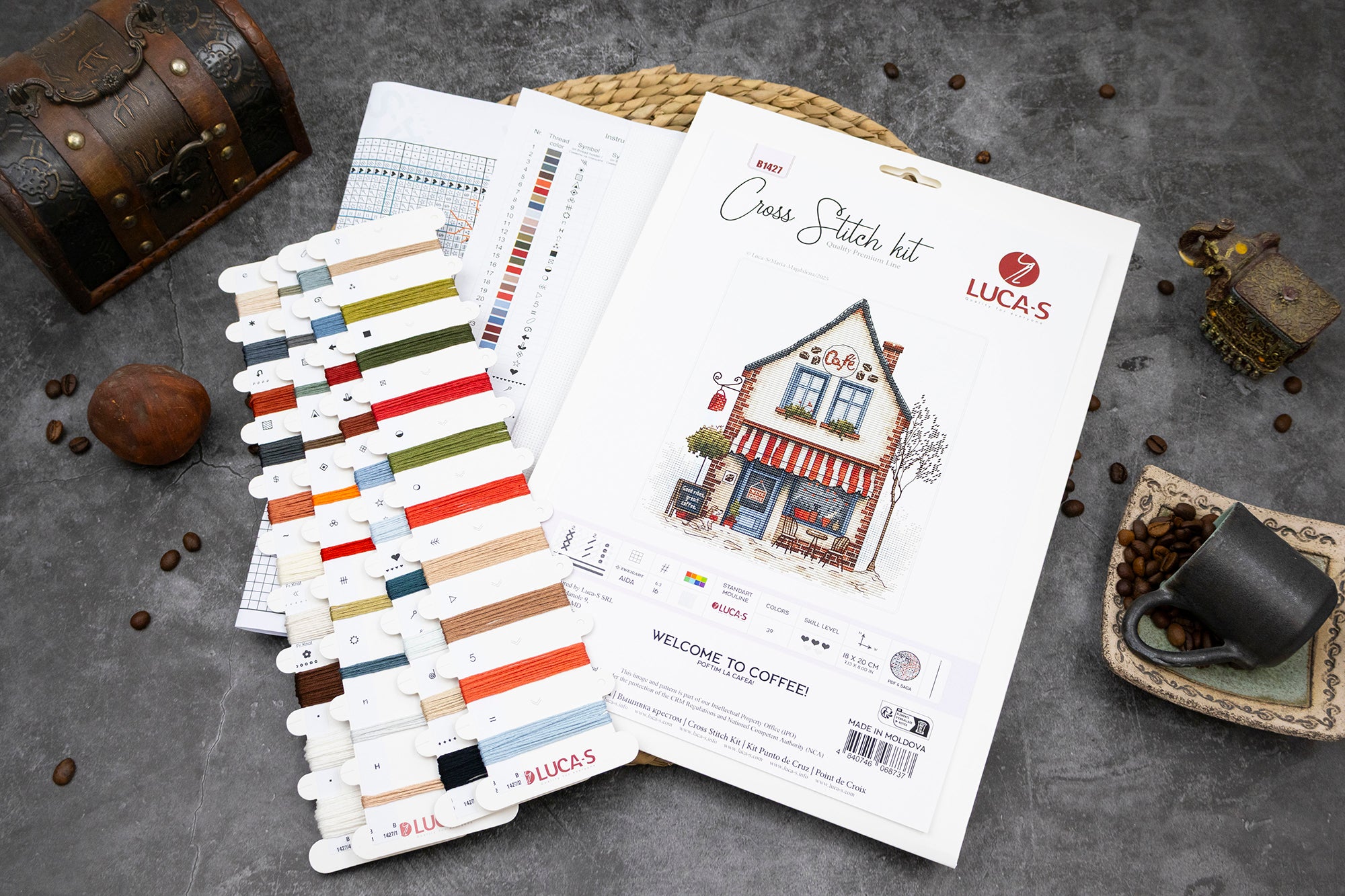 Kit Broderie Luca-S B1427 Poftim la Cafea!, Linia Quality Premium, 18 x 20 cm, Material Zweigart Aida 16ct Alb, 39 Culori, Fir de Bumbac