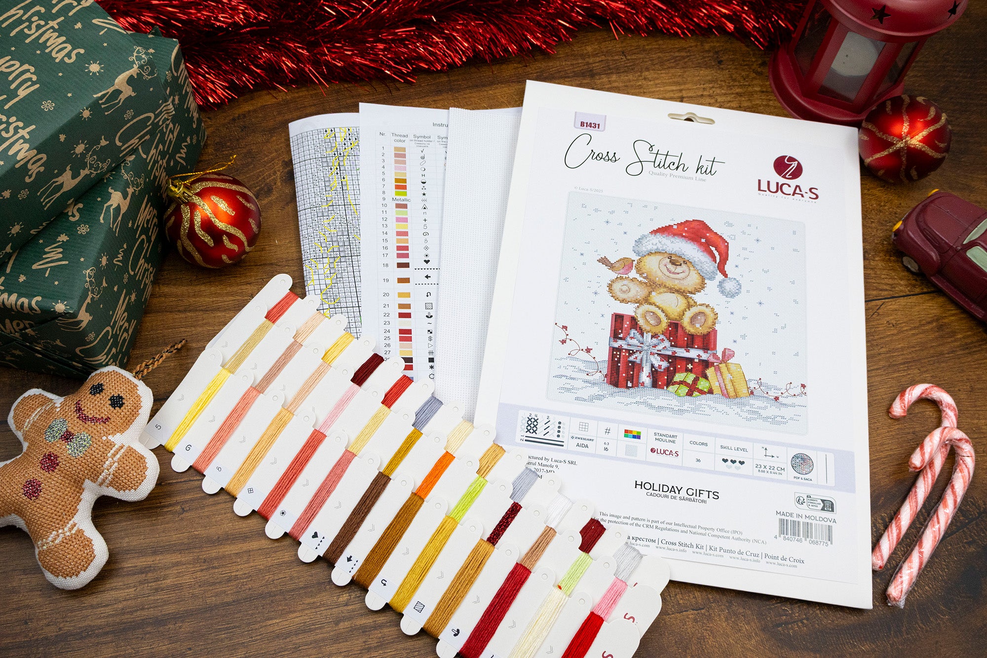 Luca-S B1431 Holiday Gifts Cross Stitch Kit, Zweigart Aida 16ct Fabric, 100% Cotton Thread, 36 Colors, 23 x 22 cm Finished Size