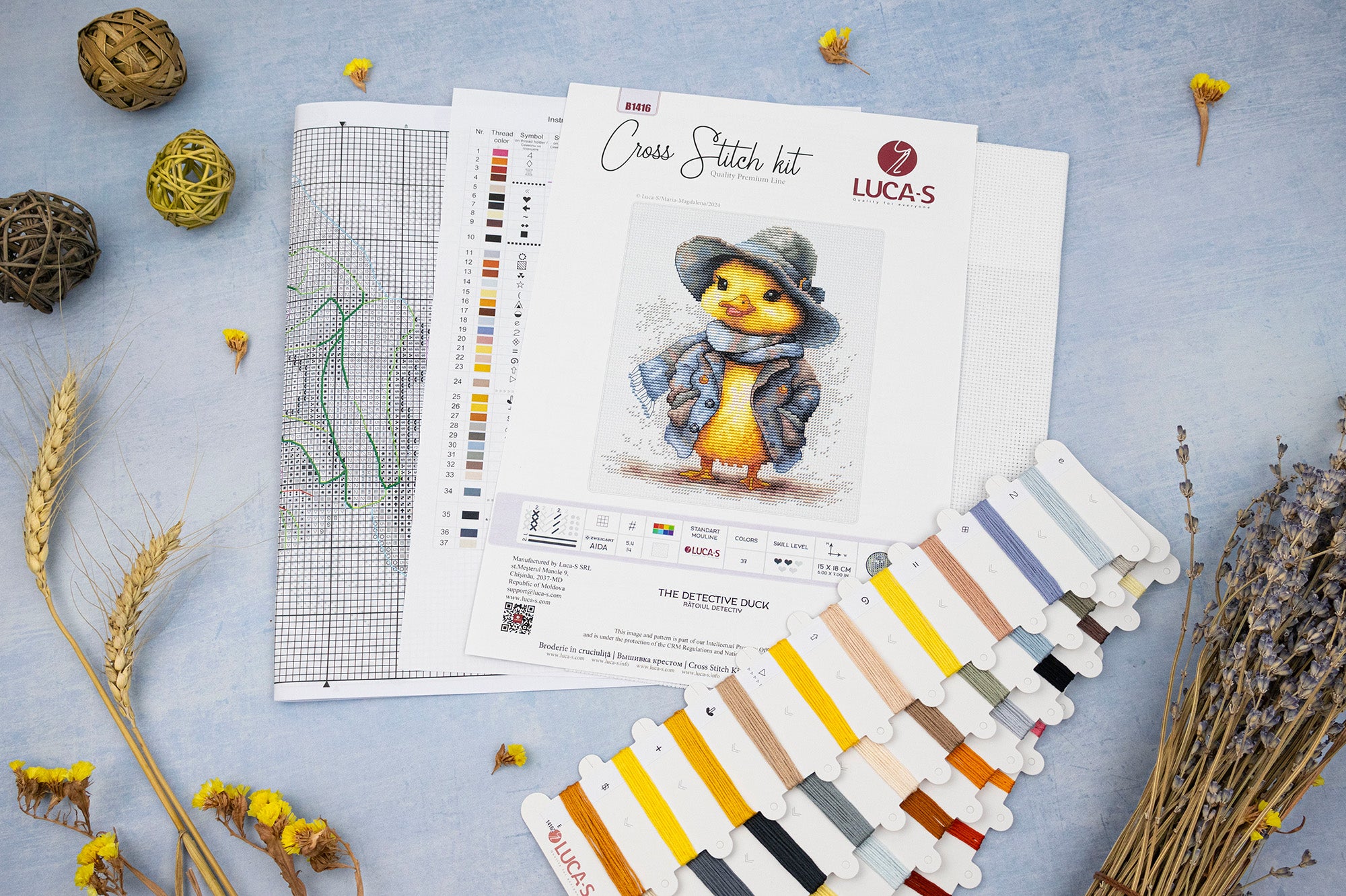 Набор для вышивания крестиком Luca-S B1416 The Detective Duck, канва Zweigart Aida 14 ct, 37 цветов, нити 100% хлопок, размер готовой работы 15 x 18 см